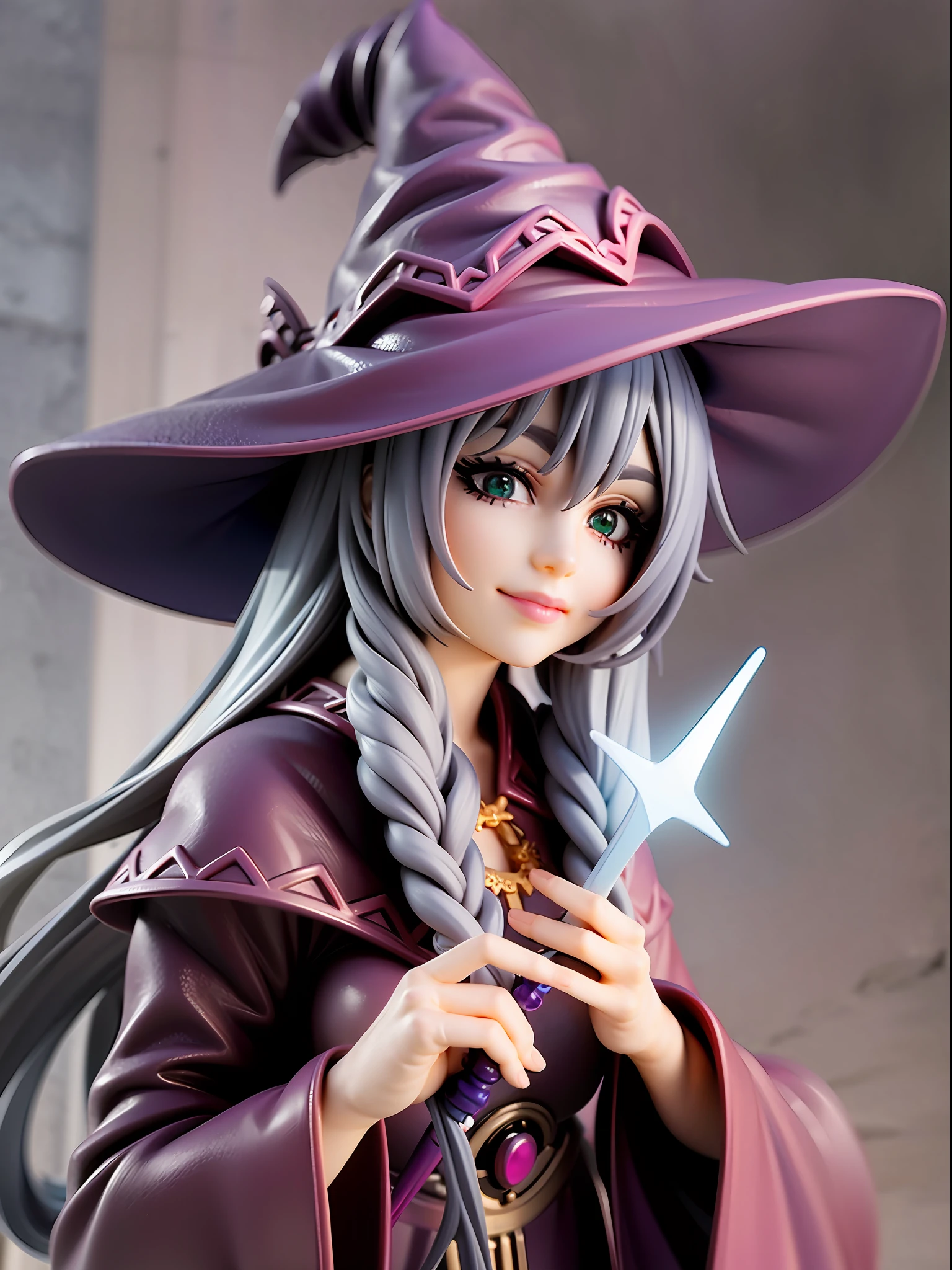 Witch, purple, black, mysterious, beautiful green eyes, closed mouth, smile, robe with star patterns, silver long hair, holding a magic wand, dark forest background, witch hat,