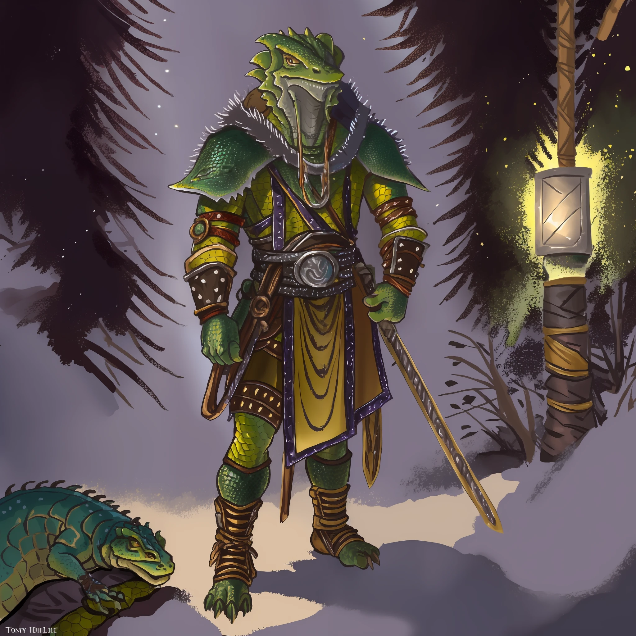 (dark adventuring lizardman:1.5), ((deep shadows)), (((stoic expression))), (wearing ragged Mongolian scout vestments and adventuring equipment:1.5), exploring wintery Mongolian steppe, (good anatomy:1.0), masterpiece, perfect lighting, 8k, (professional illustration:1.2), (ultra detailed:1.0), (art by illustrator, Tony DiTerlizzi:1.5), radiant lighting, high contrast