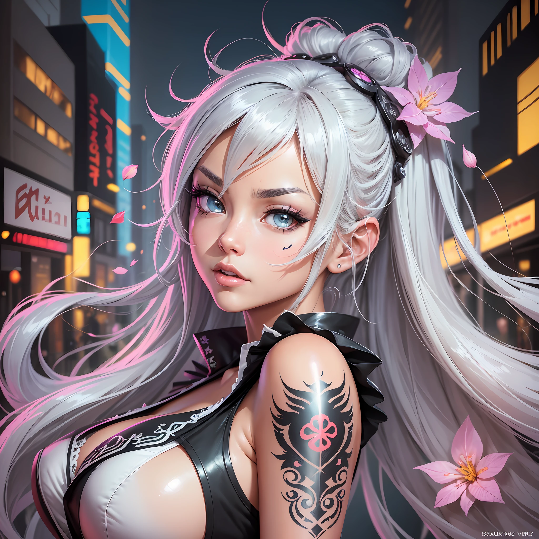 Ultra clear, 8K ultra detail, big breasts, silver-white hair (black maid outfit) :: comix style ryuko hikari ::2.9 style ::2.0 comix illustration style ,digital illustration of beautiful female character in toh-yasu drawing style illustrator, anime style, body with futuristic tribal tattoo style designs in dragon shape, serious face and ultra detailed artwork, graffiti style destroyed city scenery with camera focus, (beautiful and clear background:1.2),,((sofía vergara beautiful woman )), ( detailed eyes and detailed face:1.3), (t-shirt or dress:1.3), (beautiful and clear background:1.2), (extremely detailed, ultra-detailed, best shadow:1.1),bare shoulders, flowers and petals, , (white background:0.5), (illustration :1.1), (extremely fine and beautiful girl:1.1), (perfect details:1.1) --auto --s2