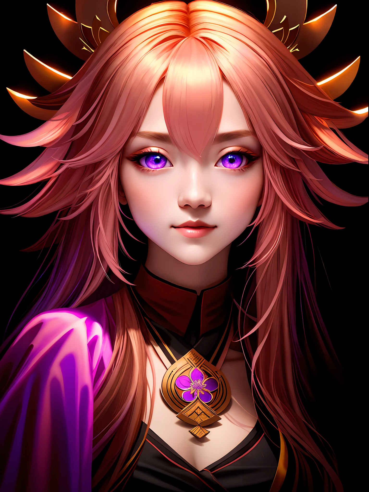 Yae Miko, oil painting by Leonardo da Vinci, realistic photography, pink hair, her eyes are glowing, electric spark from eyes, her face is symmetrical, silky peach skin, soft torch luminosity on the face by REMBRADT, Adobe Illustration, Trending on Artstation, 8K, hd, cinematic, masterpiece, magnificent art, best quality, purple eyes, dim black light, lighting background, light reflection on skin, miko clothes