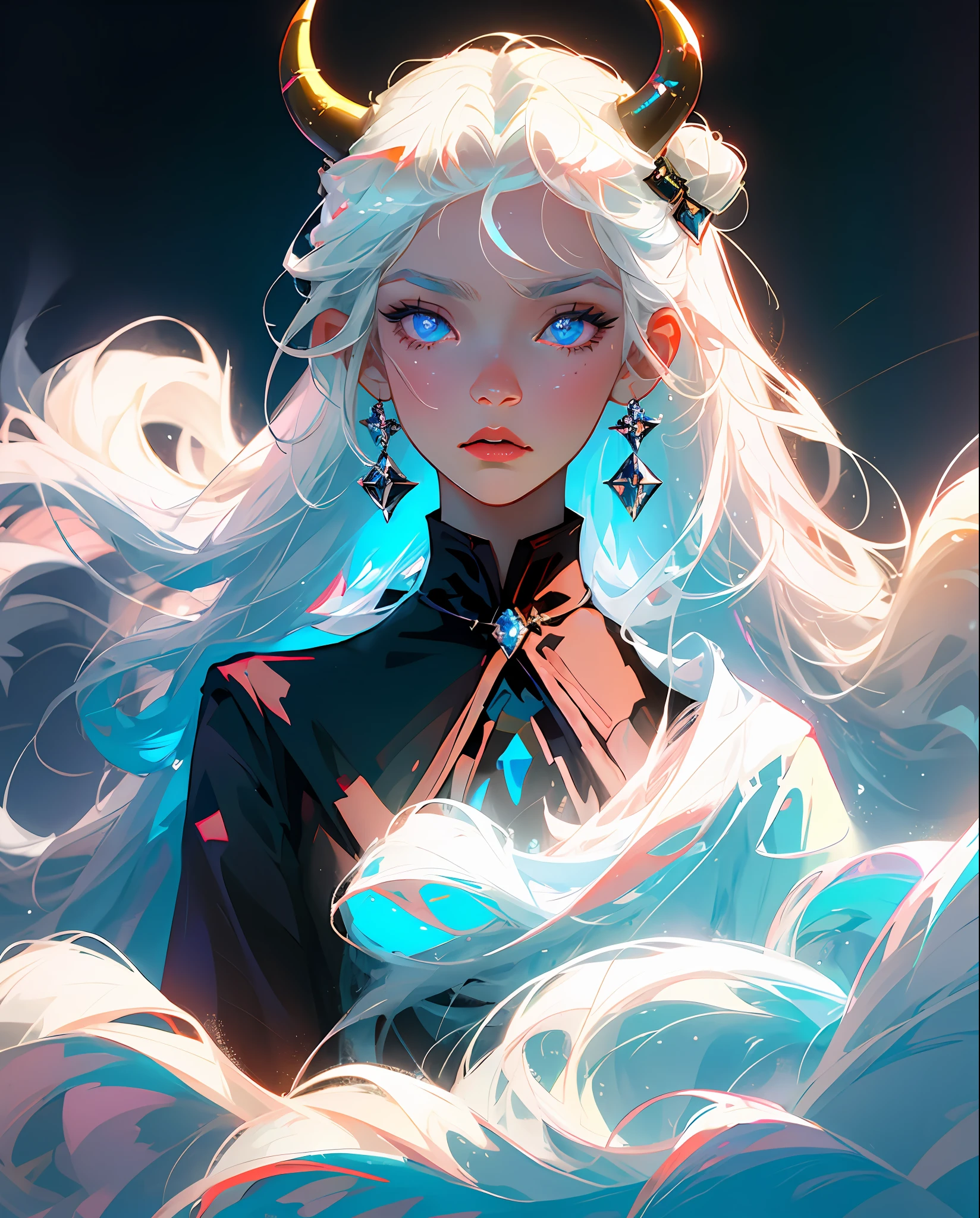 Perfect masterpiece, highest quality, perfect work of art, 8K, illustration, soft pale blue fur, white hair, black pupils, ghost horns, 2 horns, blue eyes, (boy, male, juvenile), bust photograph, gaze at the viewer.