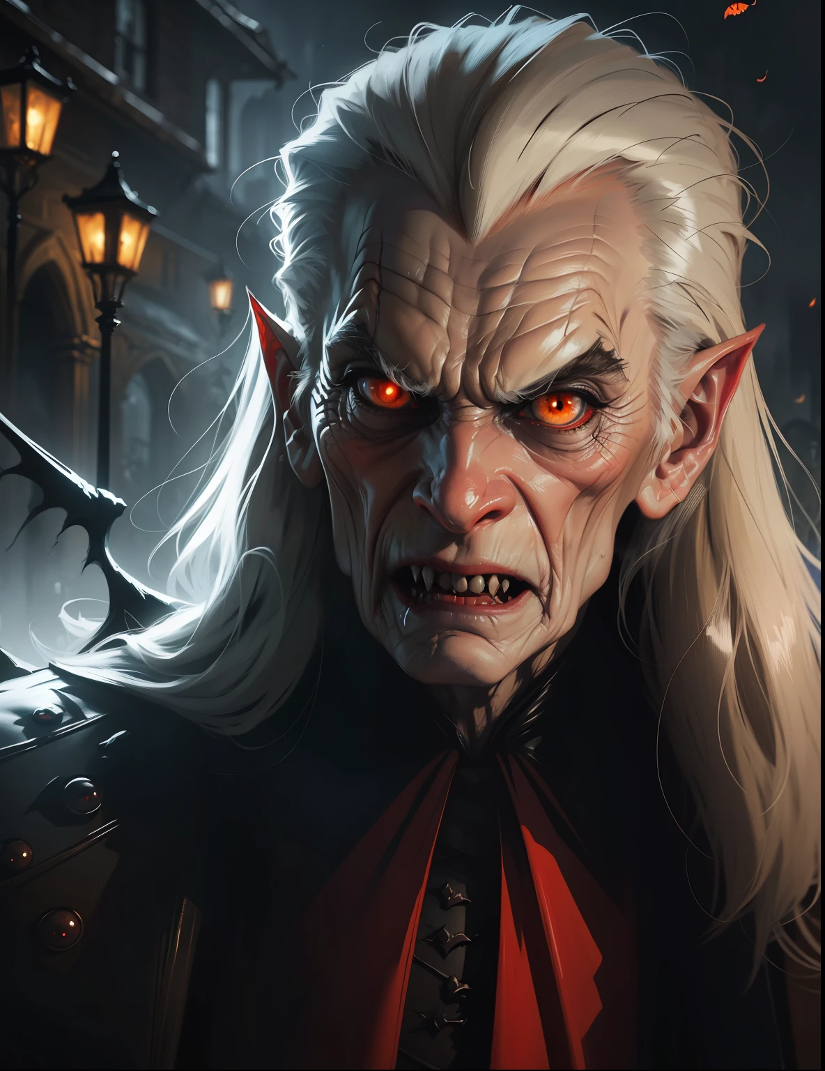 an elderly vampire, monster with detailed face, mouth with vampire teeth, concept art, image perception, terrifying scene, ghastly scenery, detailed skin, famous frame, award-winning painting, standing angry, perfect face, anime style, realistic photo, award-winning movie, realistic cover, magical powers, upgrade 1.5, rendered graphic, famous image