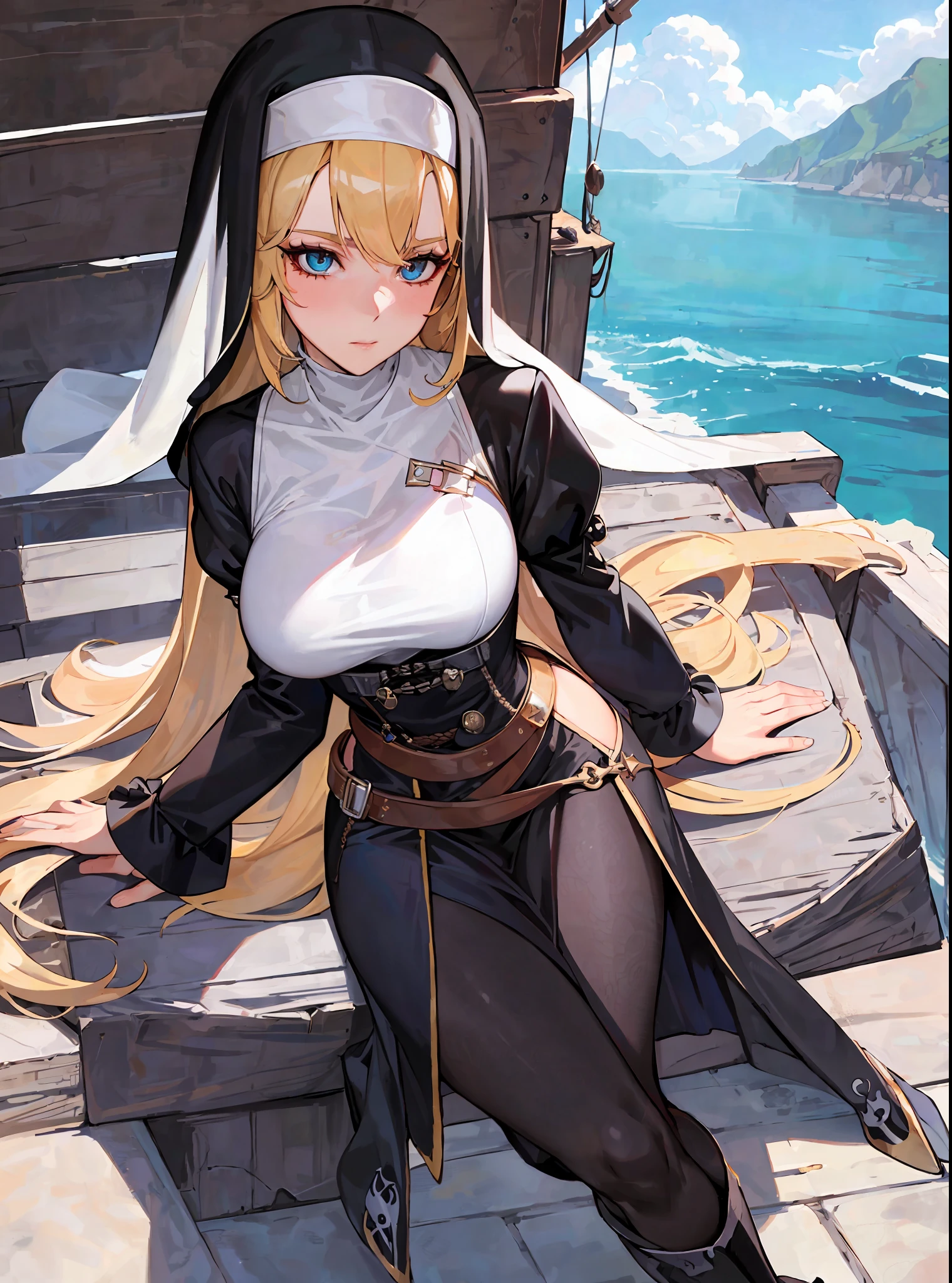 SFW (masterpiece, best quality,4k) a youthful adult woman with long blonde hair (diagonal bangs, long bangs), turquoise eyes, standing aboard a pirate ship, ocean, clouds, (pirate:1.2), (nun:1.2), nun habit (long skirt, long sleeves), pirate clothes (corset, thigh boots), ((large breasts)), ((slim)), (slender), head-to-toe portrait, full body portrait, extremely detailed face, finely detailed face, beautiful face, beautiful eyes, extremely detailed eyes, finely detailed eyes, (realistic proportions), (good anatomy), (solo), (1girl)