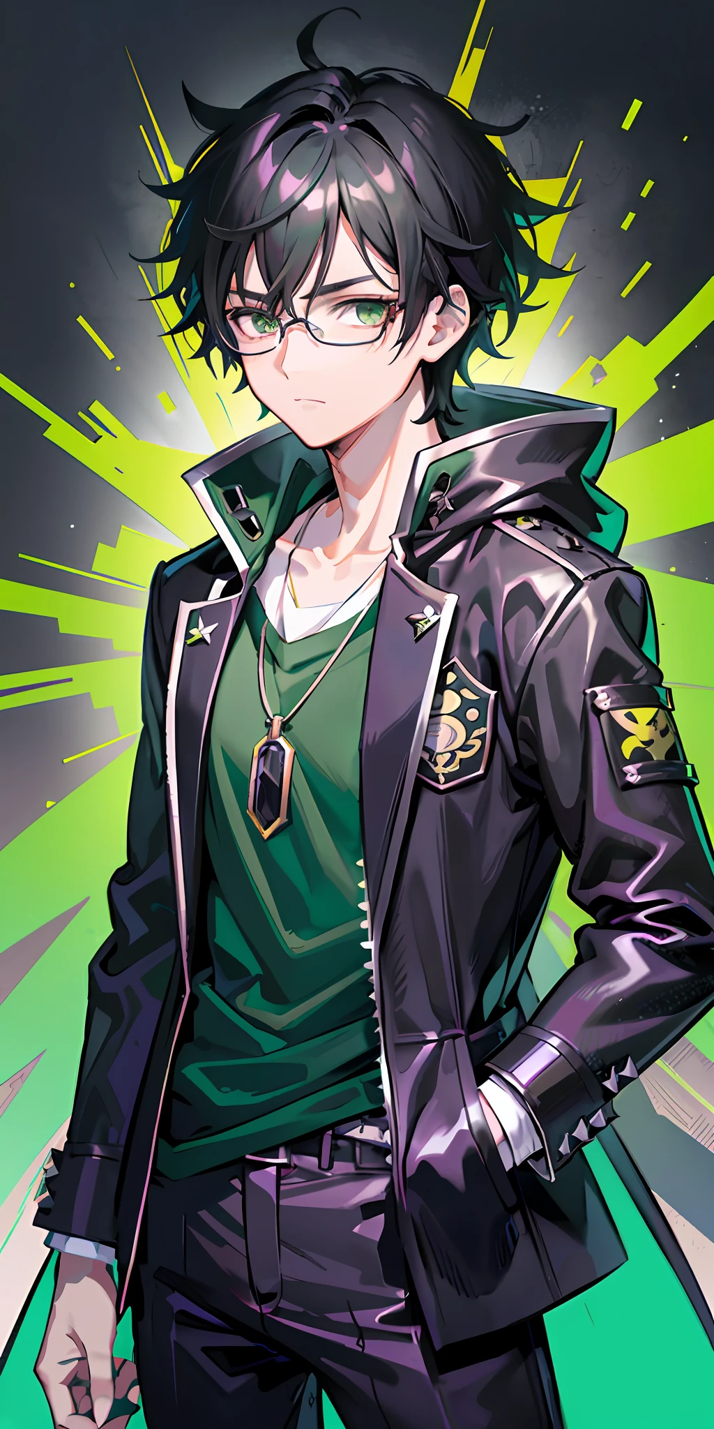 Anime young adult guy, messy spiky wavy black hair, thick-rimmed black square glasses, black jacket with hood down, bright green shirt, green eyes, chain necklace with silver star pendant, both ears pierced, Halfbody, inspired by Okumura Masanobu, anime style portrait, umamusume, kentaro miura art style