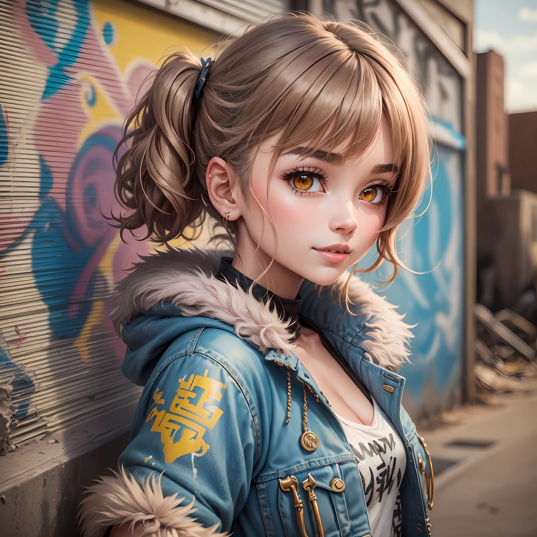 (Highest Quality, Amazing Details:1.4), Masterpiece, Original Characters, Natural Volumetric Lighting And Best Shadows, Deep Depth Of Field, Sharp Focus, Portrait Of Stunningly Beautiful Petite Girl, full body, Soft Delicate Beautiful Attractive Face With Alluring Yellow Eyes, Sharp Eyeliner, Seductive Smiling, Windswept Disheveled Brown Hair, Thick Layered Medium Twintail Hairstyles, Blush Eyeshadow With Thick Eyelashes, Parted Lips,opened furry coat, Denim short dress, (Messy Painted Body:1.05), (Graffiti Murals Wall Background:1.15),old industry area, (Standing On ruined City Streets Crossword:1.2),, Picturesque,short hair,((blush)),overexposure --auto --s2