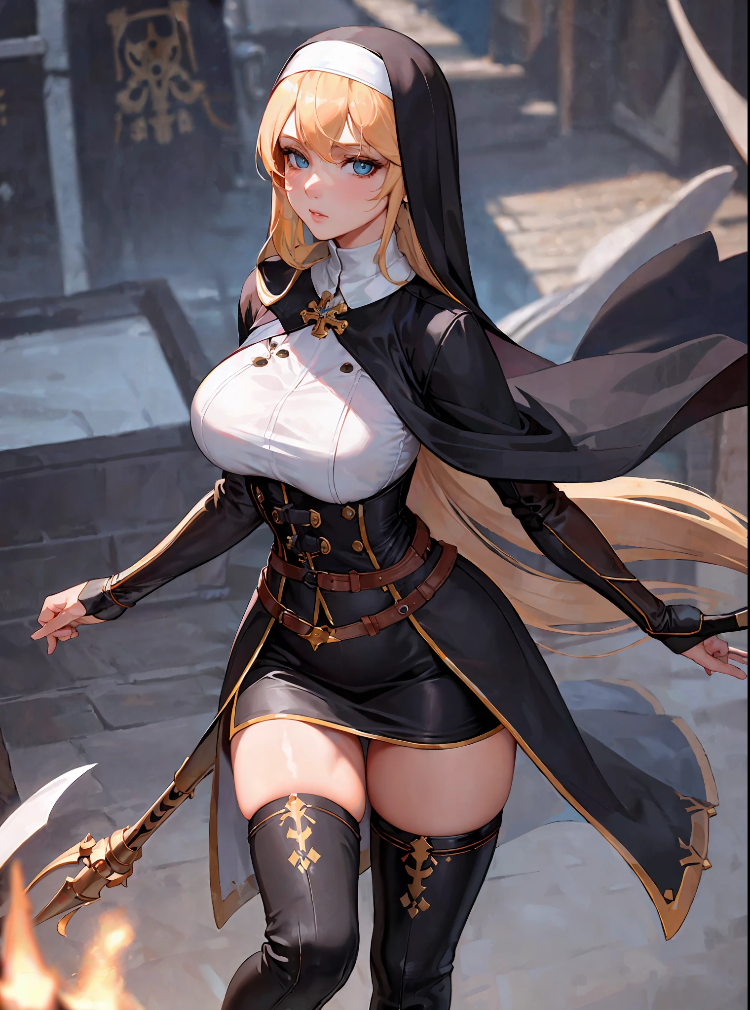 SFW (masterpiece, best quality,4k) a youthful adult woman with long blonde hair (diagonal bangs, long bangs), turquoise eyes, standing aboard a pirate ship, wearing medieval clothes, pirate nun, nun habit (nun), pirate clothes (corset, thigh boots), ((large breasts)), ((slim)), head-to-toe portrait, full body portrait, cinematics, color oil painting, cinematic lighting, extremely detailed face, finely detailed face, beautiful face, beautiful eyes, perfect lighting, depth of field, (realistic proportions), (good anatomy), (solo), (1girl)