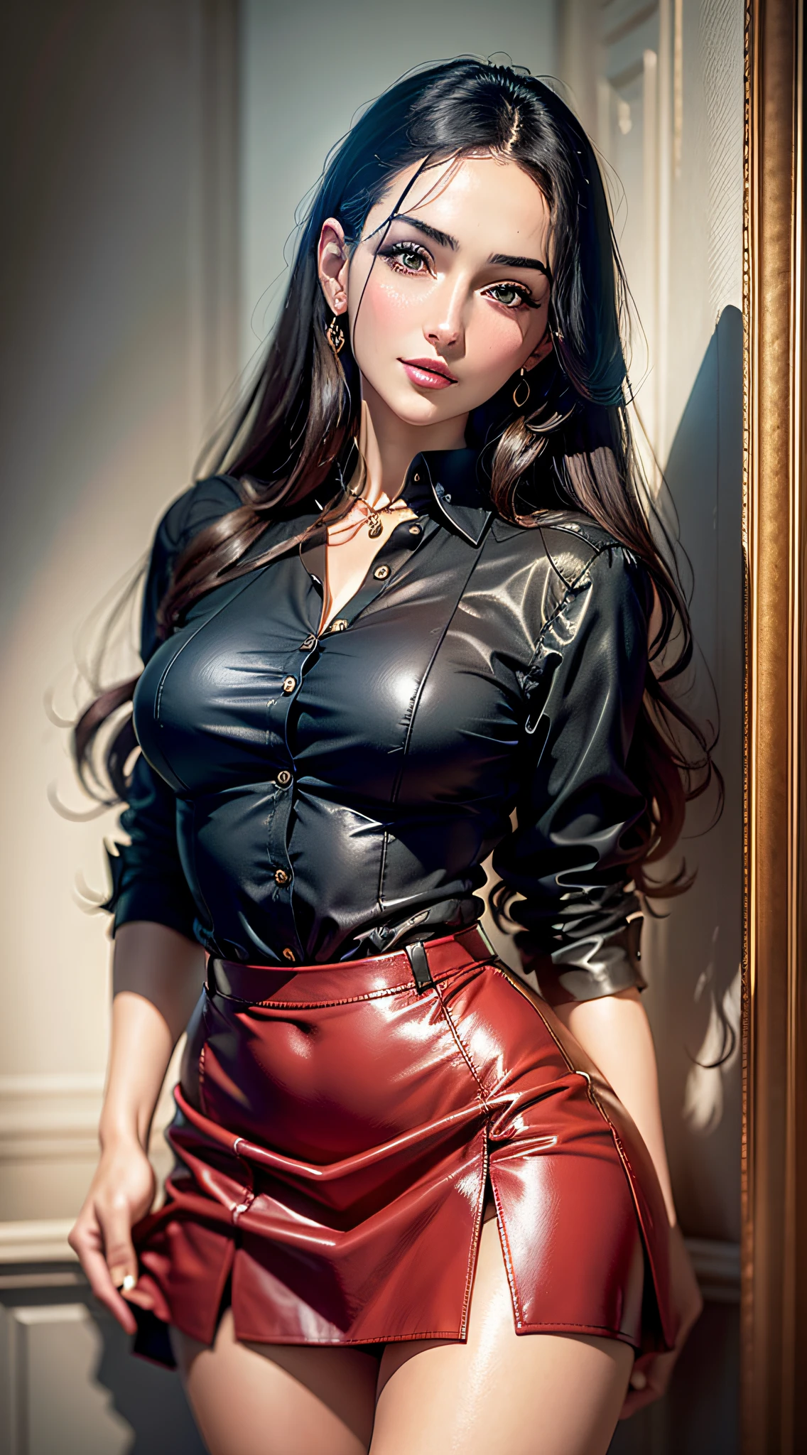 masterpiece, maximum quality, ultra high resolution, 8k, Monica Bellucci, 15 years old, full body, alone, thin, very detailed face, perfectly identical face, detailed eyes, wide smile, cheerful, human pelle, realistic photo, totally realistic, human pellet, studio lighting, perfect, identical in every detail, wearing mini skirt and strap-on blouse