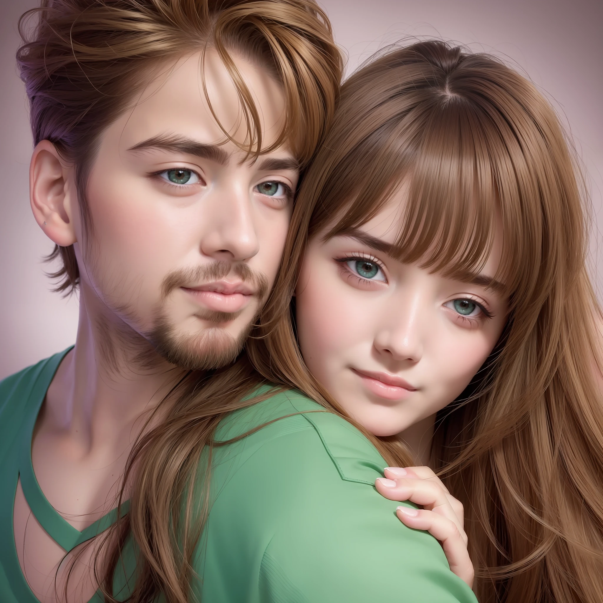 Couple portrait, (man and woman:1. 3), high-quality, high-resolution, beauty with two characters, light brown hair with green eyes, activity at night, honest and cheerful smiles, hugging with the heart, giving a kiss over the shoulder, happy and pure movement of love