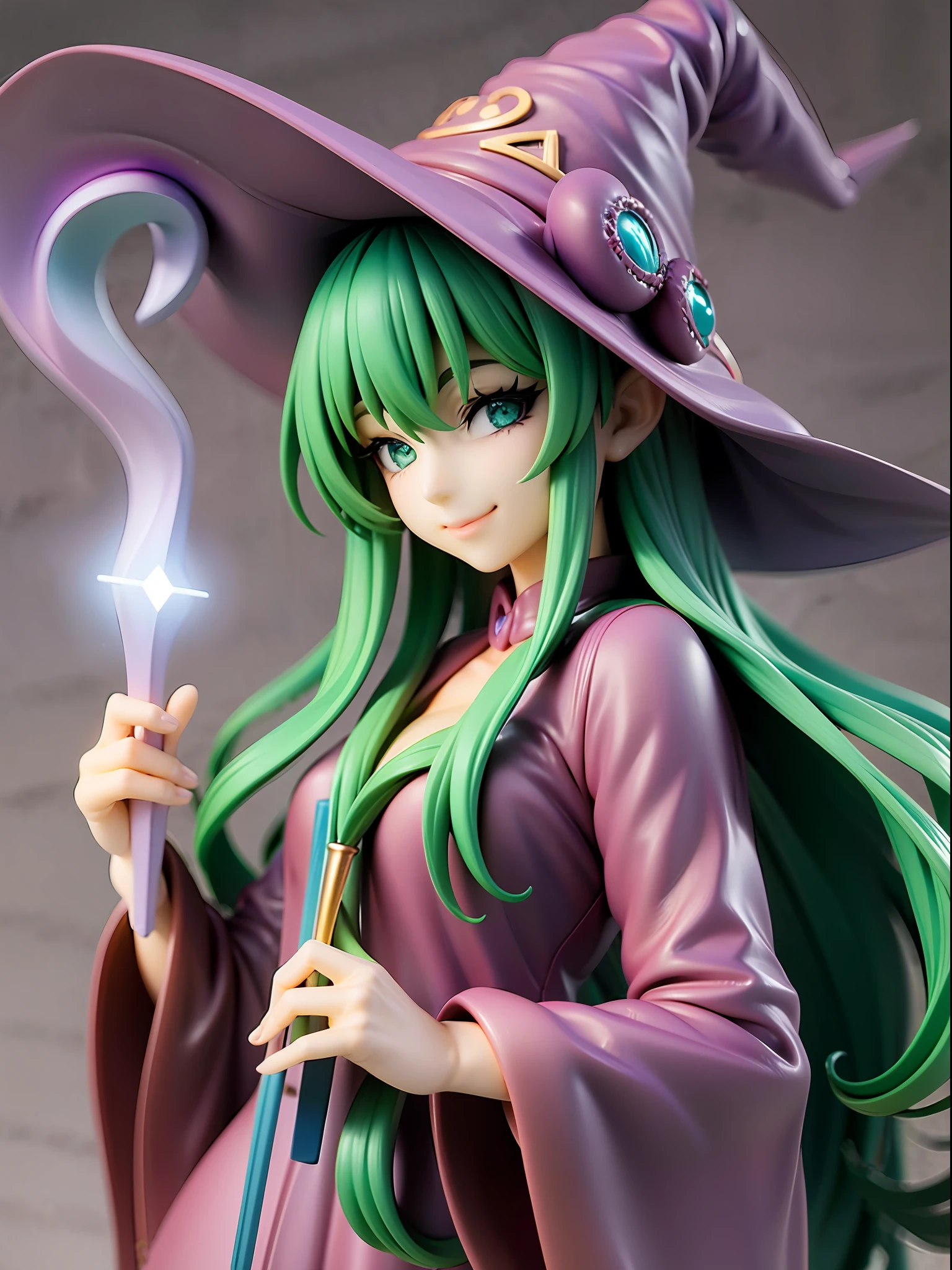 Witch, purple, black, mysterious, beautiful green eyes, closed mouth, smile, robe with star patterns, silver long hair, holding a magic wand, dark forest background, witch hat,