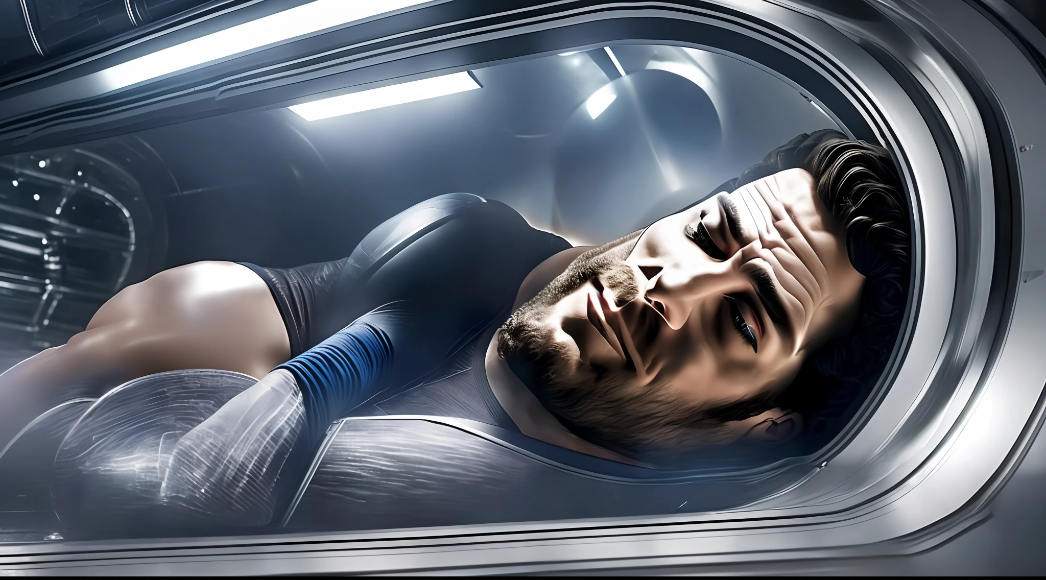 ((henry cavill)) always has a short beard and he
    he is wearing a black tank top and jeans and black boots. he is inside a spaceship lying in a cryogenic chamber completely frozen he is stretched out and with (( eyes closed1.9)) inside this capsule he is not smiling he is not posing sometime he is lying stretched out inside the capsule ((whole body 1.9))