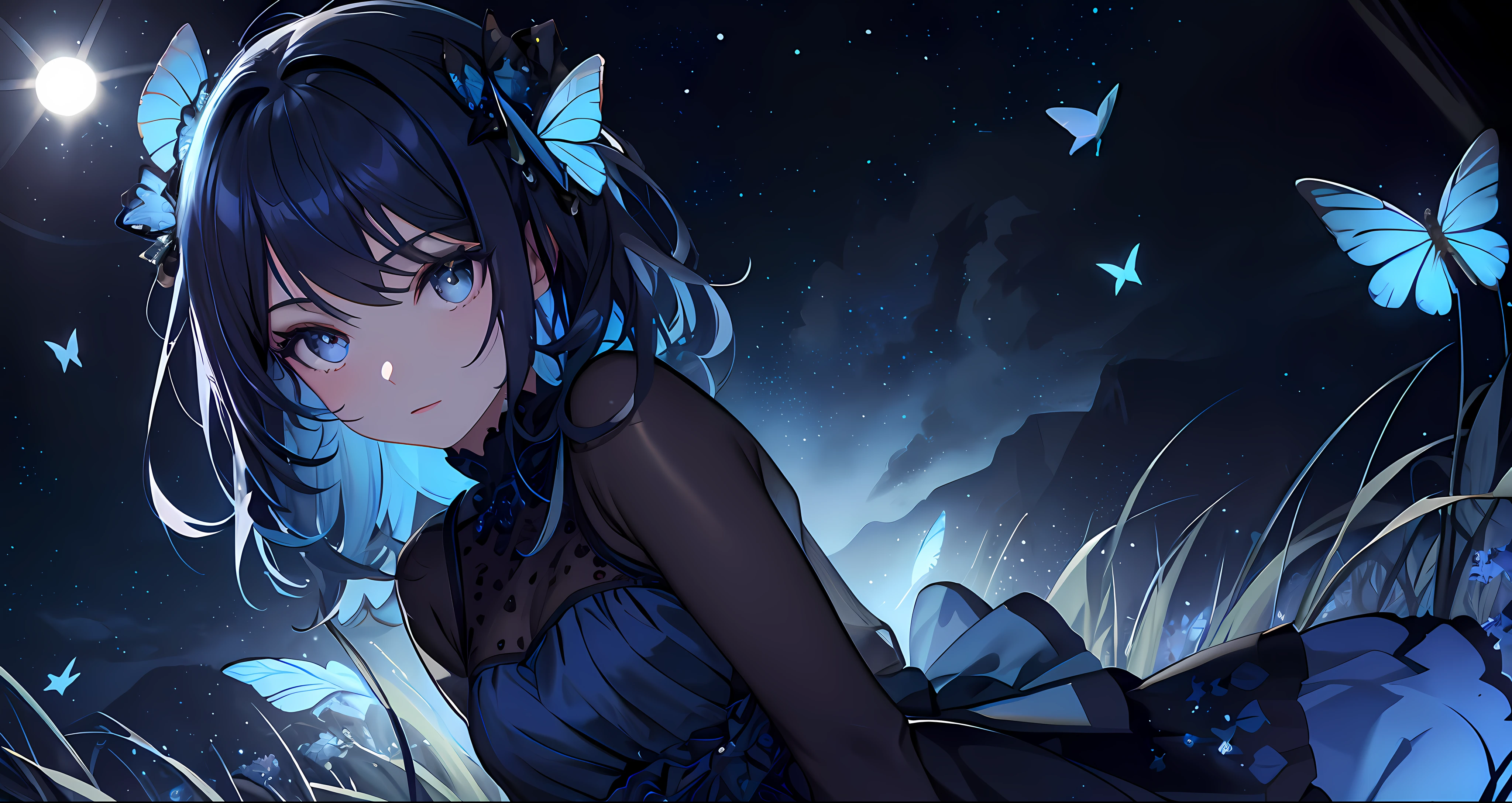 masterpiece, best quality, detailed eyes, vivid color, detailed skin, 1girl, short dress, see-through silhouette,
starry sky, field of flowers, butterflies,
((((((blue hue, rim lighting)))))),