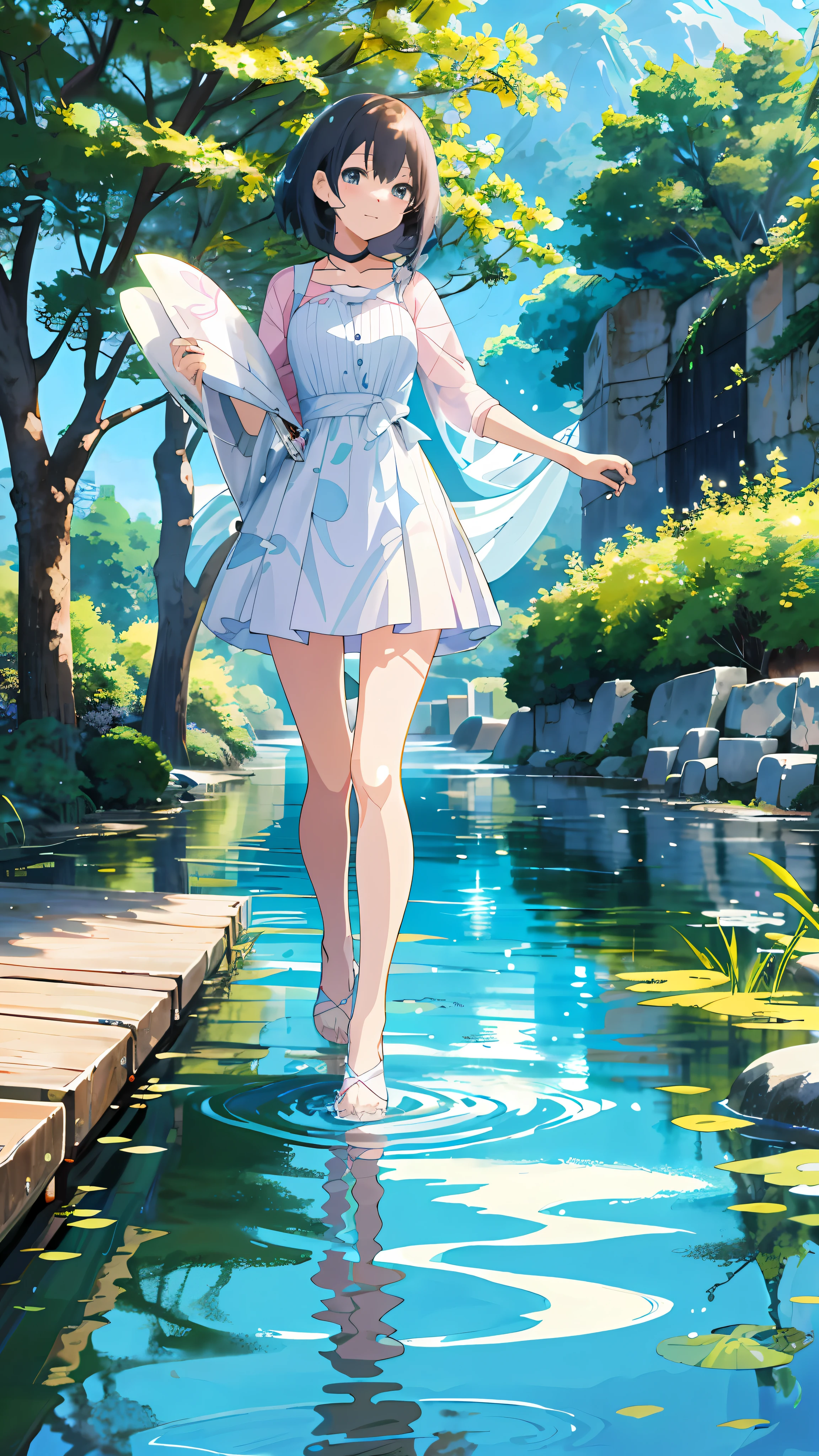 anime girl walking in water with umbrellas in hand, anime girl walking on water, she is walking on a river, beautiful anime artwork, a beautiful artwork illustration, standing in a pond, anime art wallpaper 4k, anime art wallpaper 4 k, beautiful anime art, anime art wallpaper 8 k, anime background art, wallpaper anime blue water, clean detailed anime art