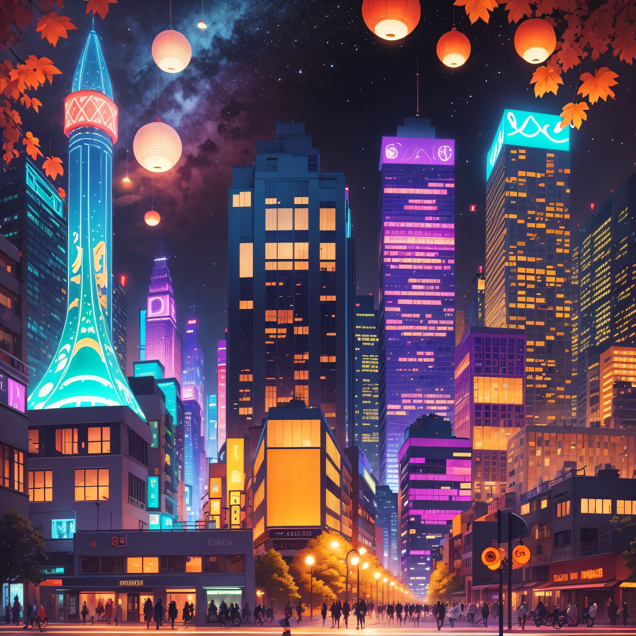 Vibrant Zina Aita-Style Nightscape A nighttime cityscape comes to life with a vibrant mix of Zina Aita-style colors, with illuminated tall buildings, bustling streets, and a lively atmosphere. Intricate details and an integration of colors add depth and dynamism to the scene, while Zina Aita's artistic style gives a unique feel to the image. --auto --s2