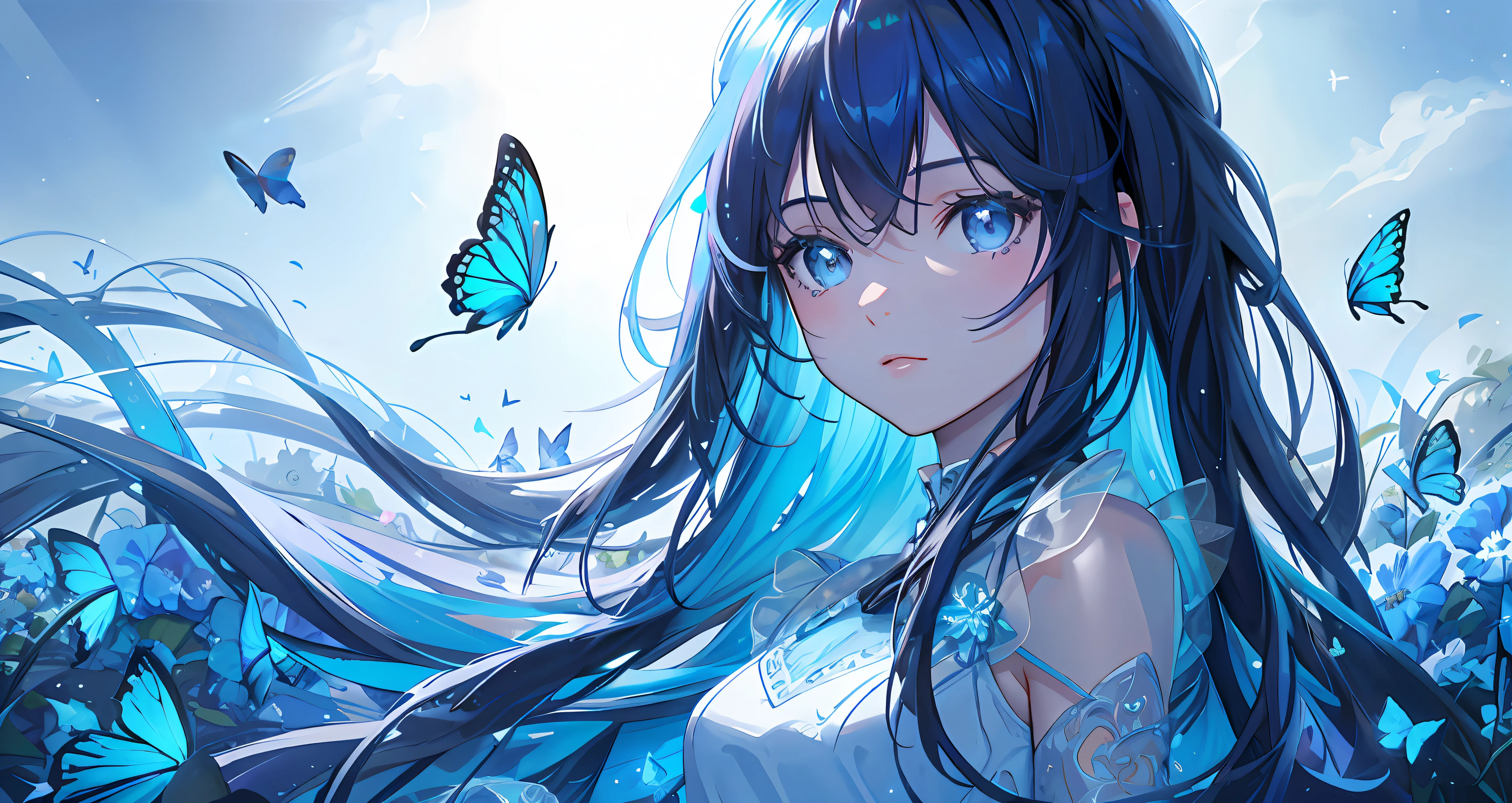 masterpiece, best quality, detailed eyes, vivid color, detailed skin, 1girl, short dress, see-through silhouette,
starry sky, field of flowers, butterflies,
((((((blue hue, rim lighting)))))),