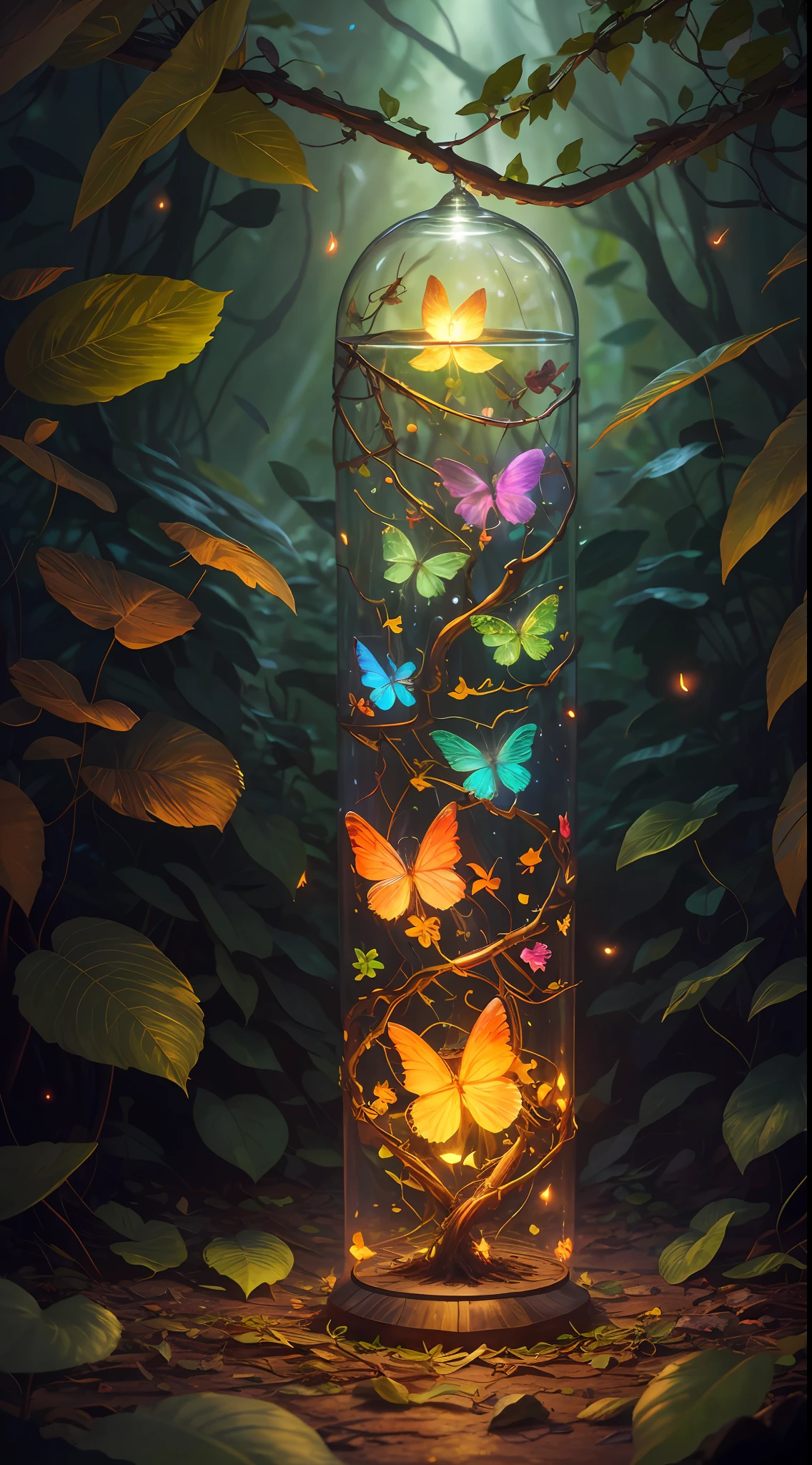Fantasy in a glass, "ethereal roses, cute animals, glowing little mushrooms surrounded by delicate leaves and branches, and fireflies and glowing particle effects", (natural elements), (jungle theme), (leaves), (branches), (fireflies), butterflies, (delicate leaves), (glow), (particle effects), super realistic, super detailed, dramatic lightning, 4k, masterpiece,