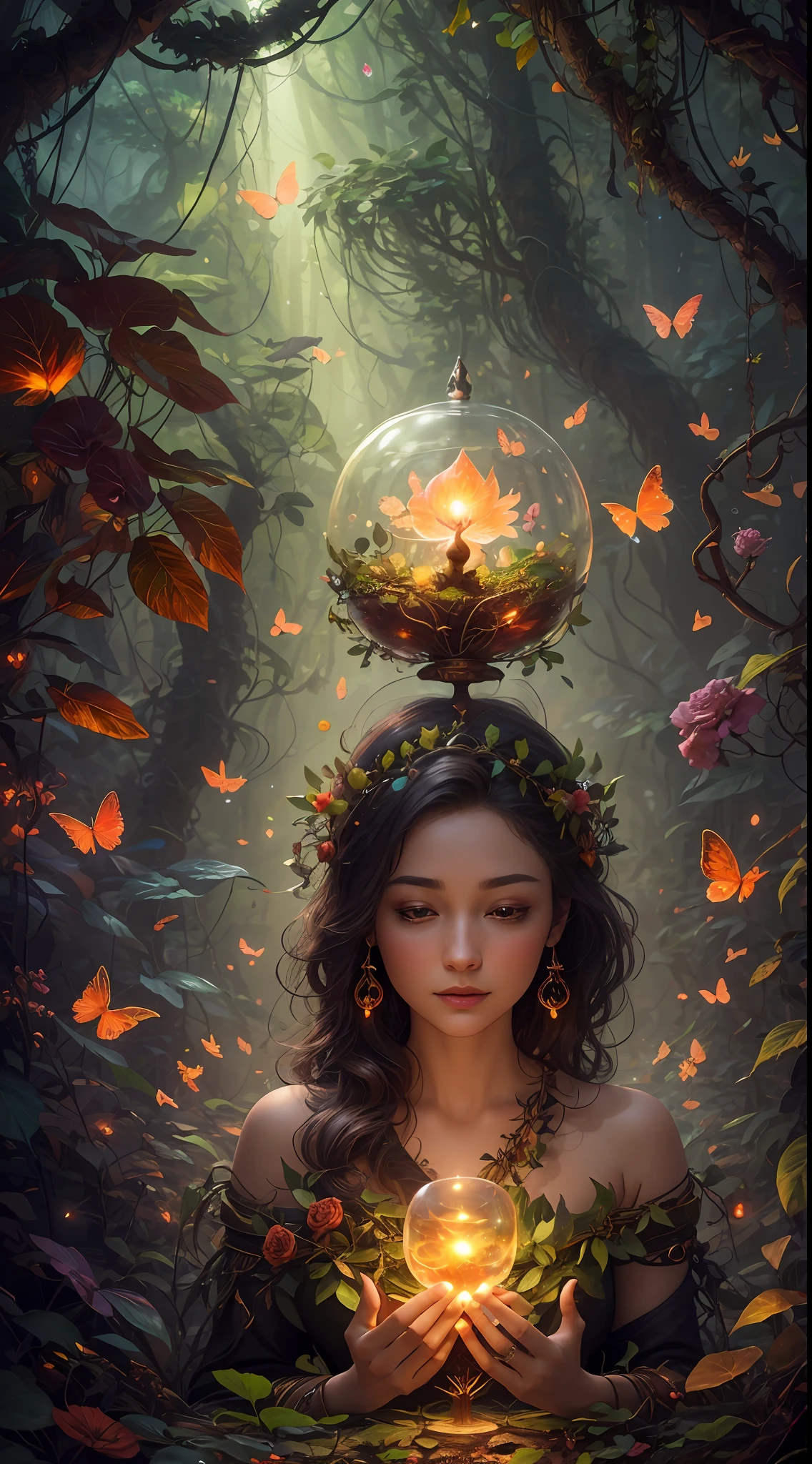 Fantasy in a glass, "ethereal roses, cute animals, glowing little mushrooms surrounded by delicate leaves and branches, and fireflies and glowing particle effects", (natural elements), (jungle theme), (leaves), (branches), (fireflies), butterflies, (delicate leaves), (glow), (particle effects), super realistic, super detailed, dramatic lightning, 4k, masterpiece,