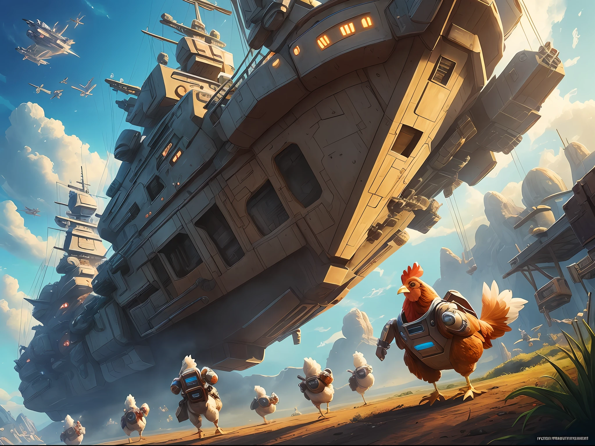 create the fighter ((futuristic ship)) that the chickens in the movie "Chicken Run" are using in a futuristic universe to free other chickens from human exploitation and imprisonment ((robotic)) --auto --s2
