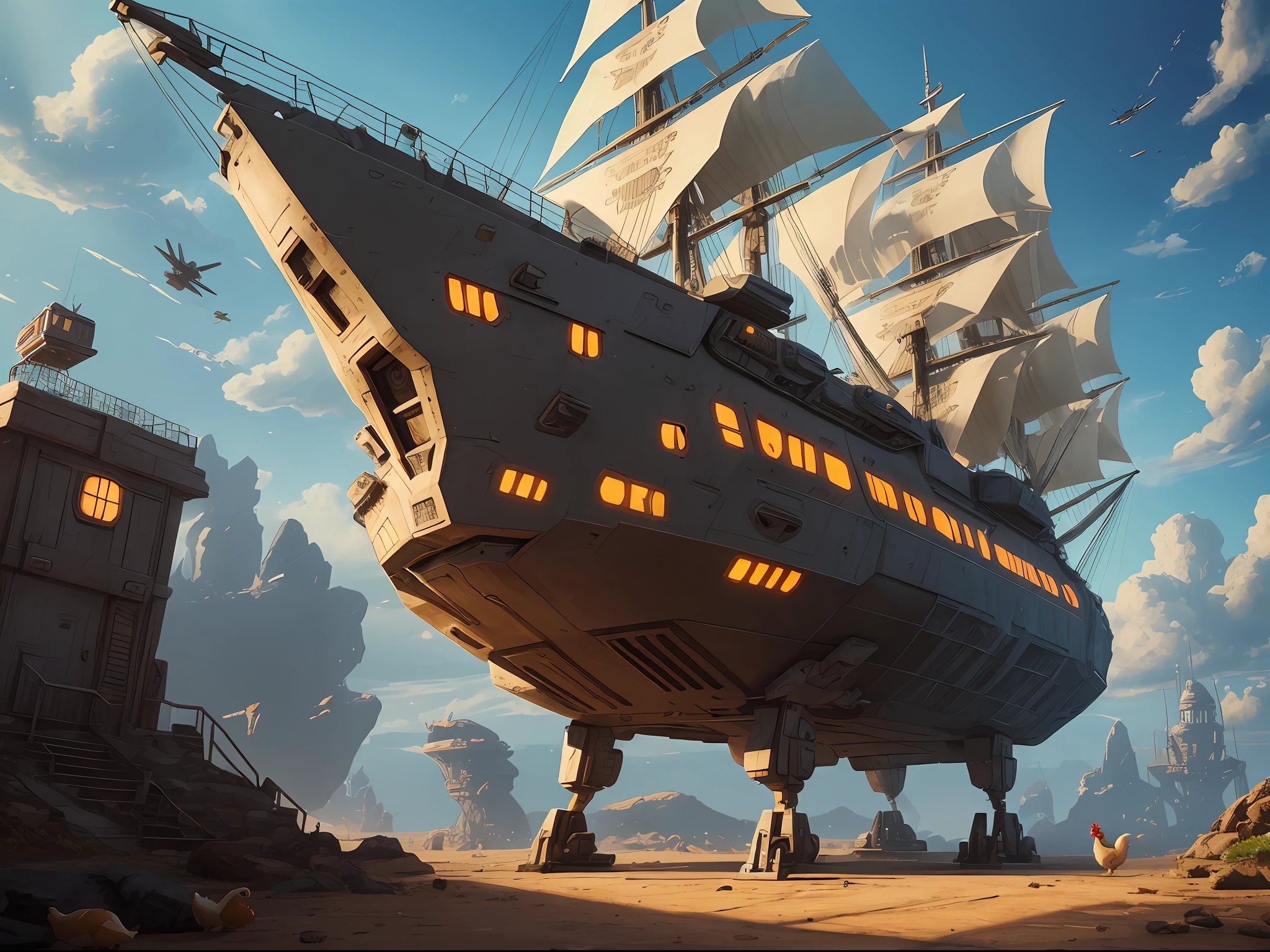 create the fighter ((futuristic ship)) that the chickens in the movie "Chicken Run" are using in a futuristic universe to free other chickens from human exploitation and imprisonment ((robotic)) --auto --s2