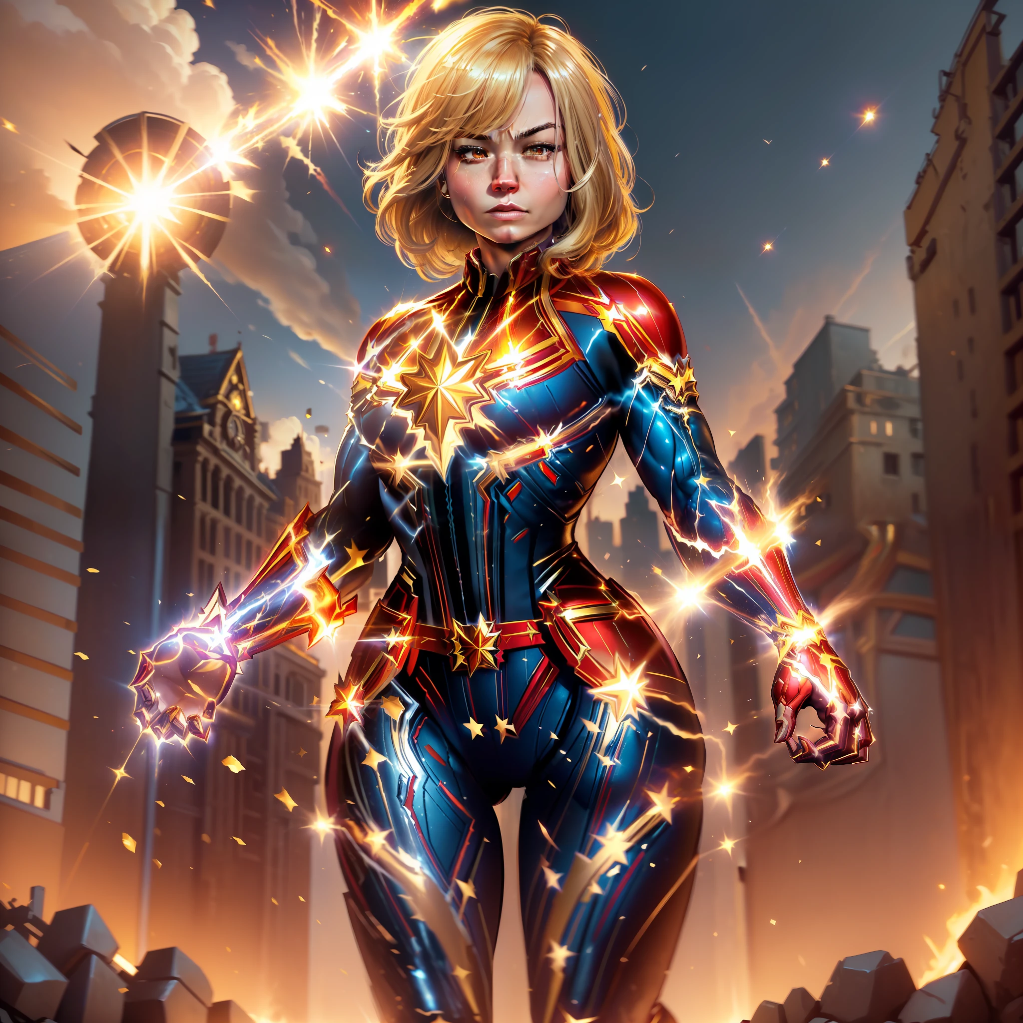 (Masterpiece, Superb Quality, Super Detail, High Resolution), Male Focus, (((Captain Marvel)))), (Muscle))), (Captain Marvel Armor))), (Her hands clenched into fists, her body glowing golden))), Eyes glowing gold, posing for photos, Dark Night, City Ruins, Background Details, (((Full Body))), (((Captain Marvel Huge Feeling))