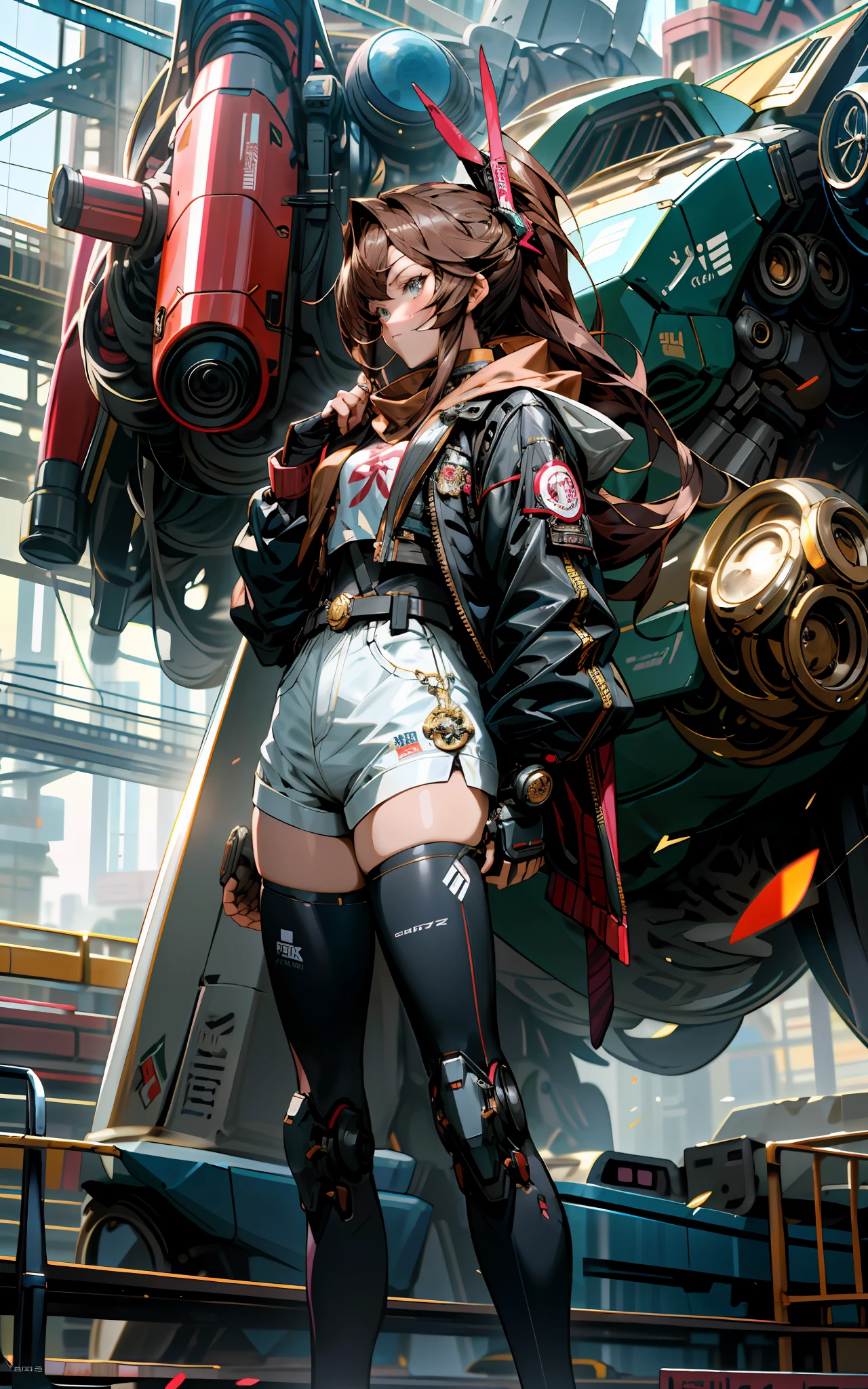 anime character with jacket standing 2 meters infront of a futuristic human sized mecha robot, cyberpunk anime girl, girl in jacket and short shorts, female mecha, best anime 4k konachan wallpaper, by Krenz Cushart, cushart krenz key art feminine, inspired by Krenz Cushart, modern mecha anime
