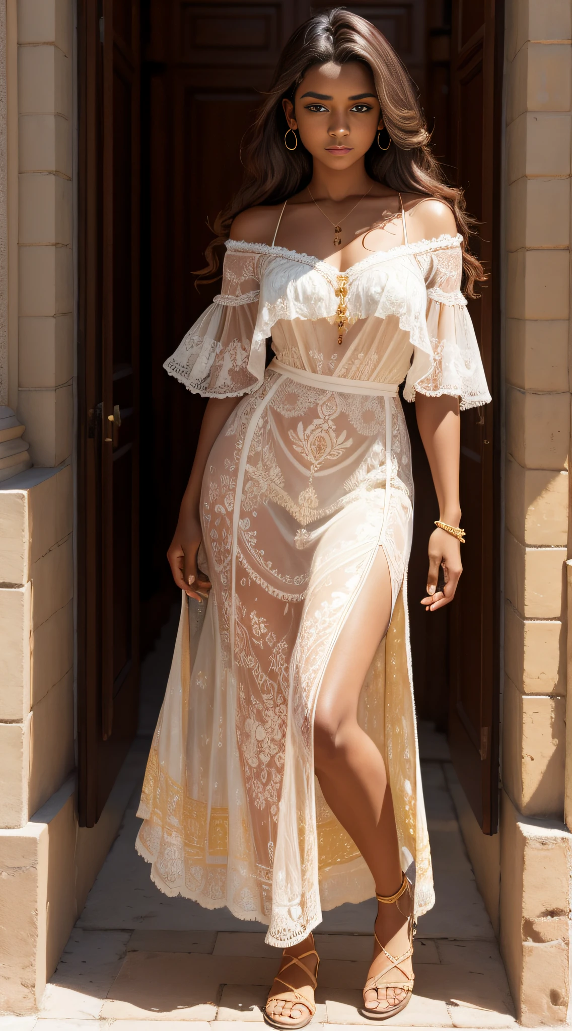 full body portrait of a young brazilian woman, brown medium hair, dark skin, hazel eyes, intricate artwork by Joaquin Sorolla, soft natural light, 85mm, sunshine on her face, lights and shadows