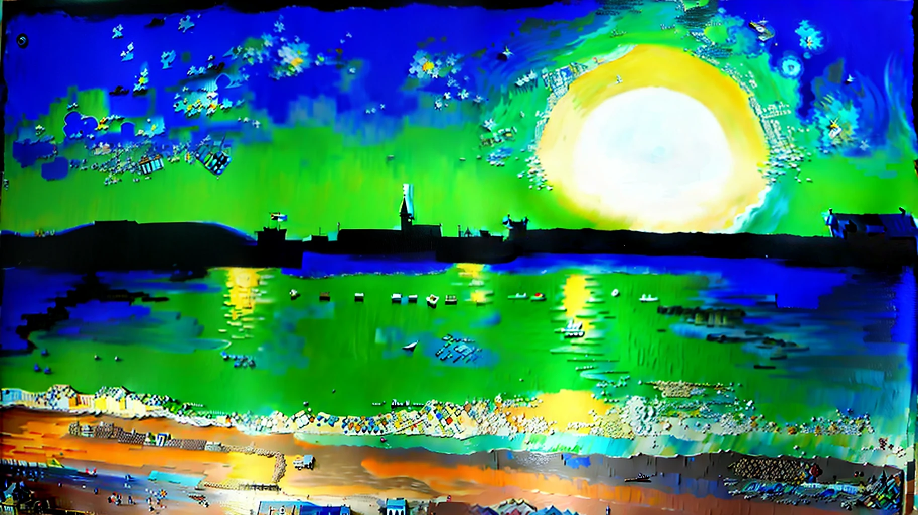Fusion of van Gogh and Banksy of a beautiful seaside village, acrylic paint, 8K, astounding realism —ar 16:9