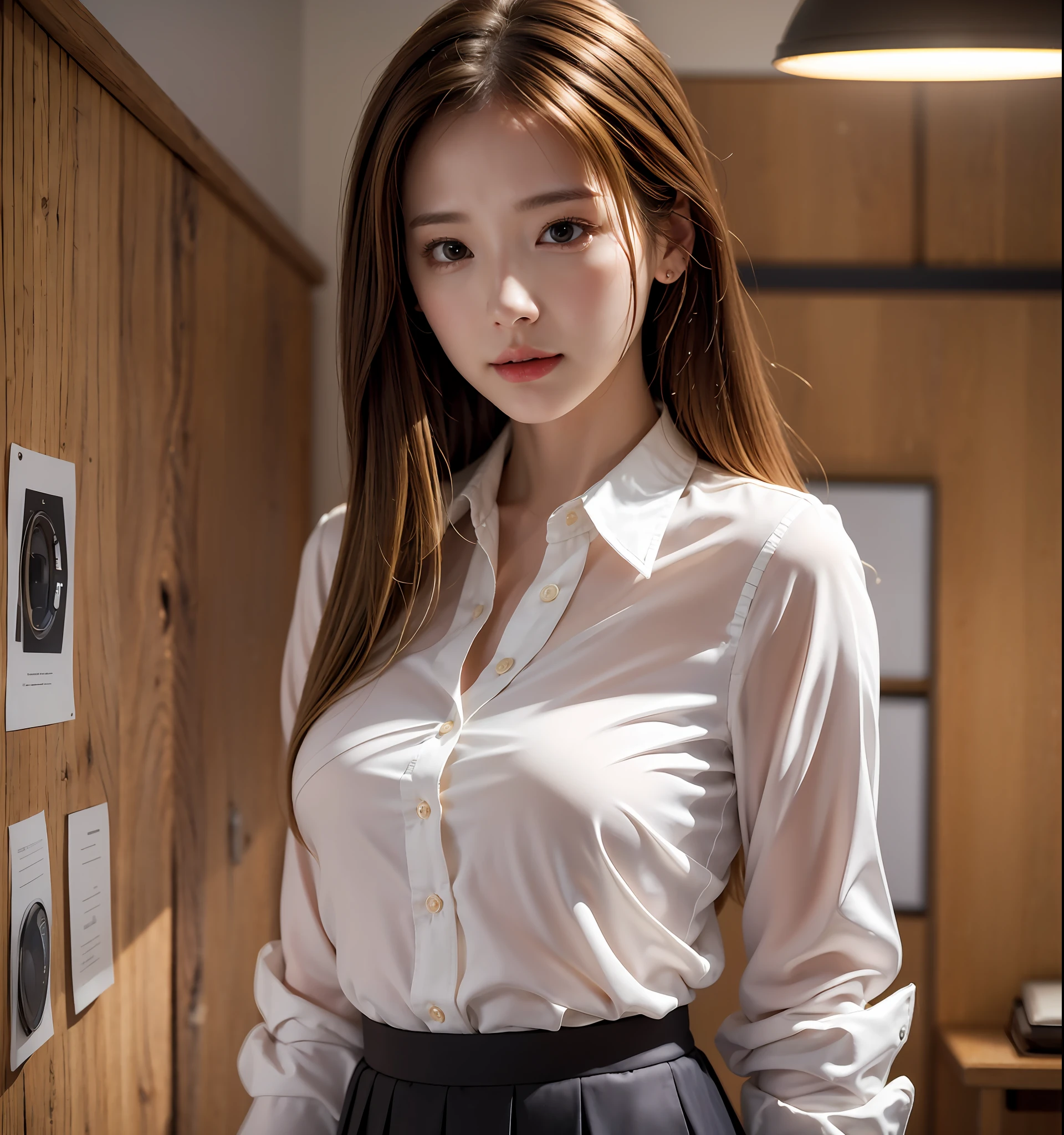 best quality, ultra high res, (photorealistic:1.4), 1girl, button shirt, skirt, office, brown hair, breasts, (blonde hair:1.2), looking at viewer,