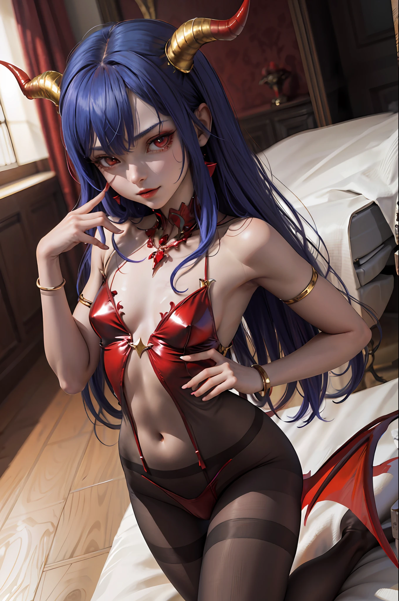 (masterpiece: 1.2, best quality), (1 li, solo), small breasts, (Dynamic posture), (bright skin, crimson red skin), crimson red skin, demon girl, red skin, thin and lacy gloves, ( small demonic horns:1.1), (Lilith \(Darkstalkers\)), (heaven), fringe, (jewelry, golden ornament:1.15 ), large pelvis, blue (pantyhose:1.1)