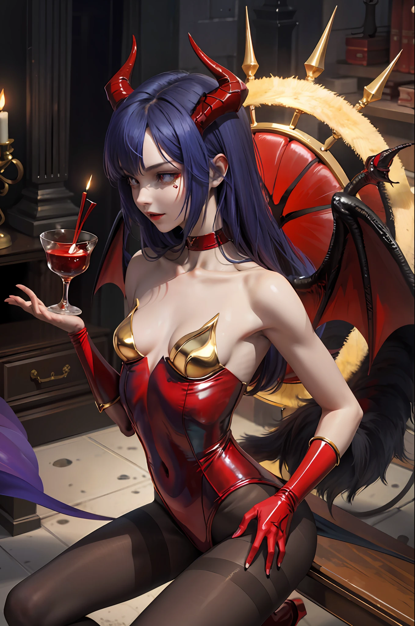 (masterpiece: 1.2, best quality), (1 li, solo), small breasts, (Dynamic posture), (bright skin, crimson red skin), crimson red skin, demon girl, red skin, thin and lacy gloves, ( small demonic horns:1.1), (Lilith \(Darkstalkers\)), (heaven), fringe, (jewelry, golden ornament:1.15 ), large pelvis, blue (pantyhose:1.1)