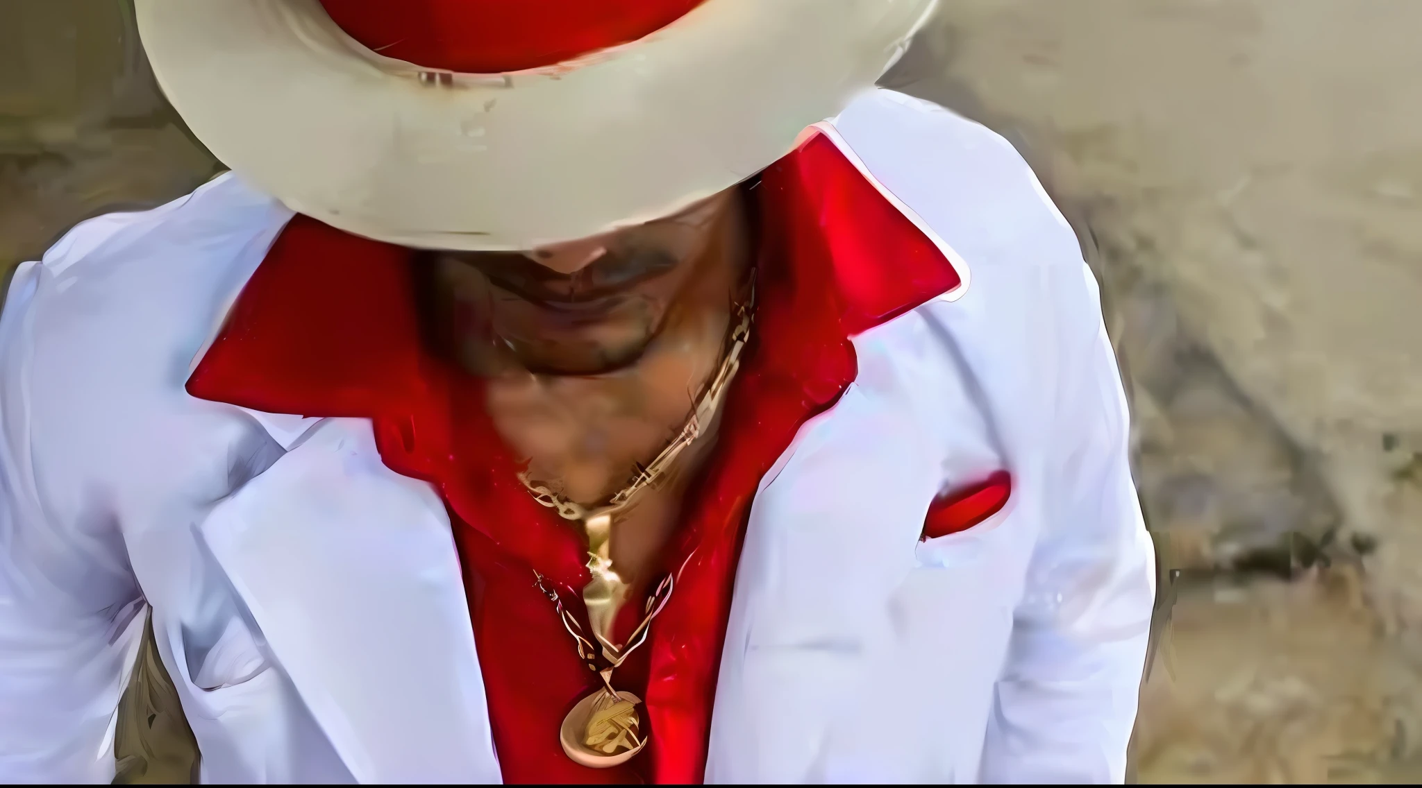 there is a man wearing a hat and a red shirt, wearing a gold chain, rapper bling jewelry, wearing gold chain, white suit and hat, gold chains, wears a egyptian ankh necklace, sakuga gunplay, red suit, very very low quality picture, taken in the early 2020s, style of mike jackson, art masterpice