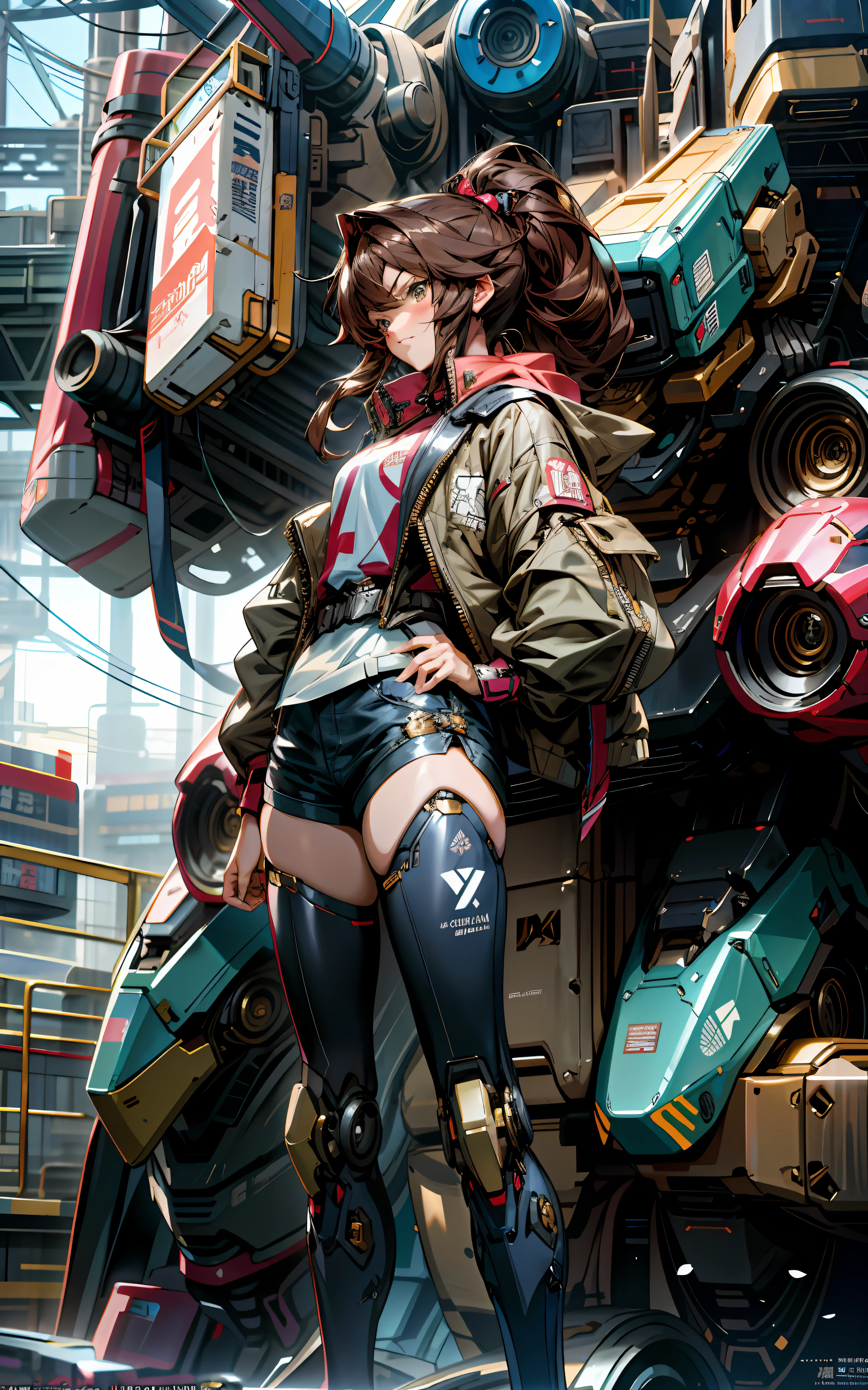 anime character with jacket standing 2 meters infront of a futuristic human sized mecha robot, cyberpunk anime girl, girl in jacket and short shorts, female mecha, best anime 4k konachan wallpaper, by Krenz Cushart, cushart krenz key art feminine, inspired by Krenz Cushart, modern mecha anime