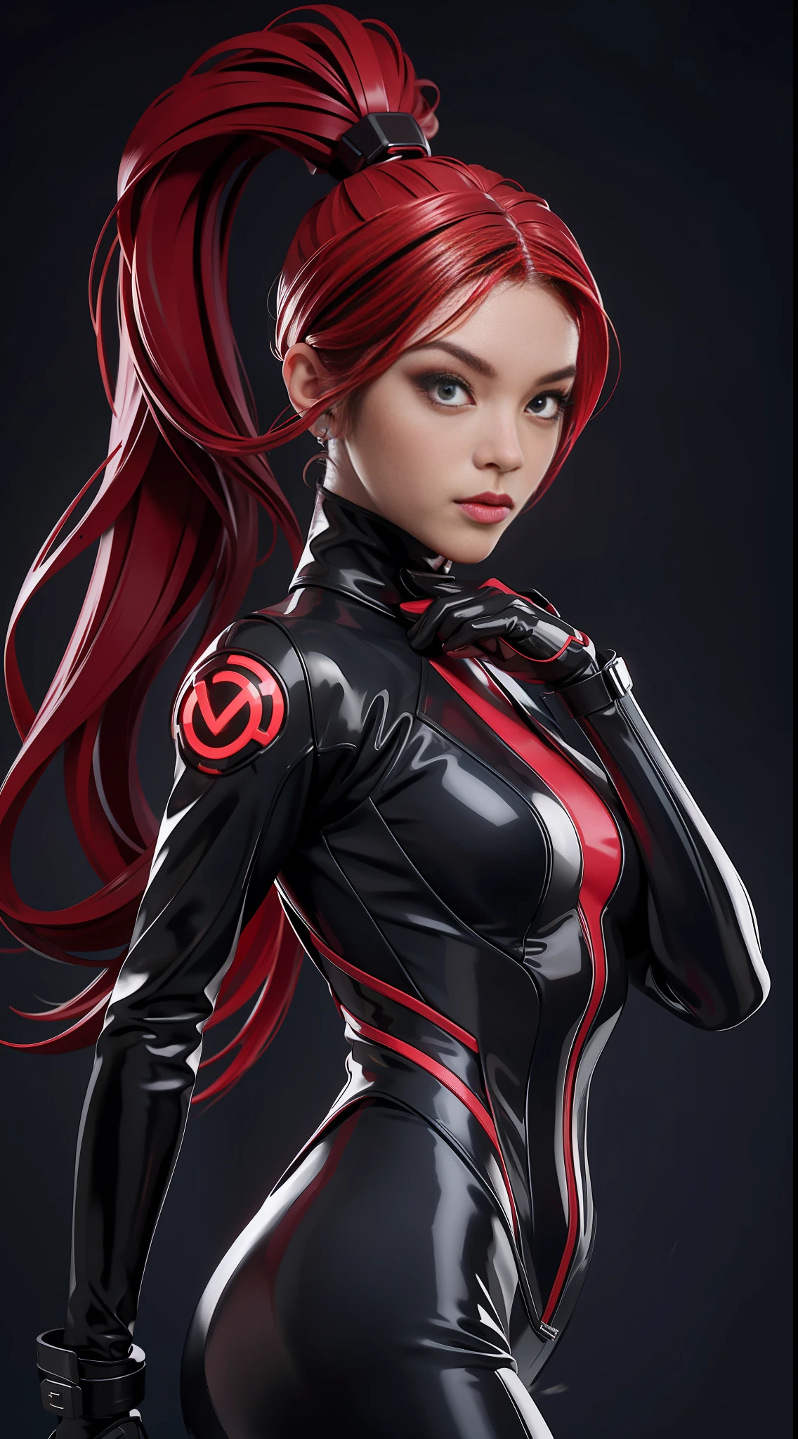 solo, super fine photo, portrait Unreal Engine 5 8K UHD of beautiful and cute girl, ponytail hair, dark red and black color scheme tight cybernetic latex catsuit with latex dress outwear, cybernetic glove, futuristic design, crimson neon lights details, beautiful make up, luxurious, best quality, masterpiece, official art, unified 8k wallpaper, super detailed, sharp focus, dynamic pose, body parts
