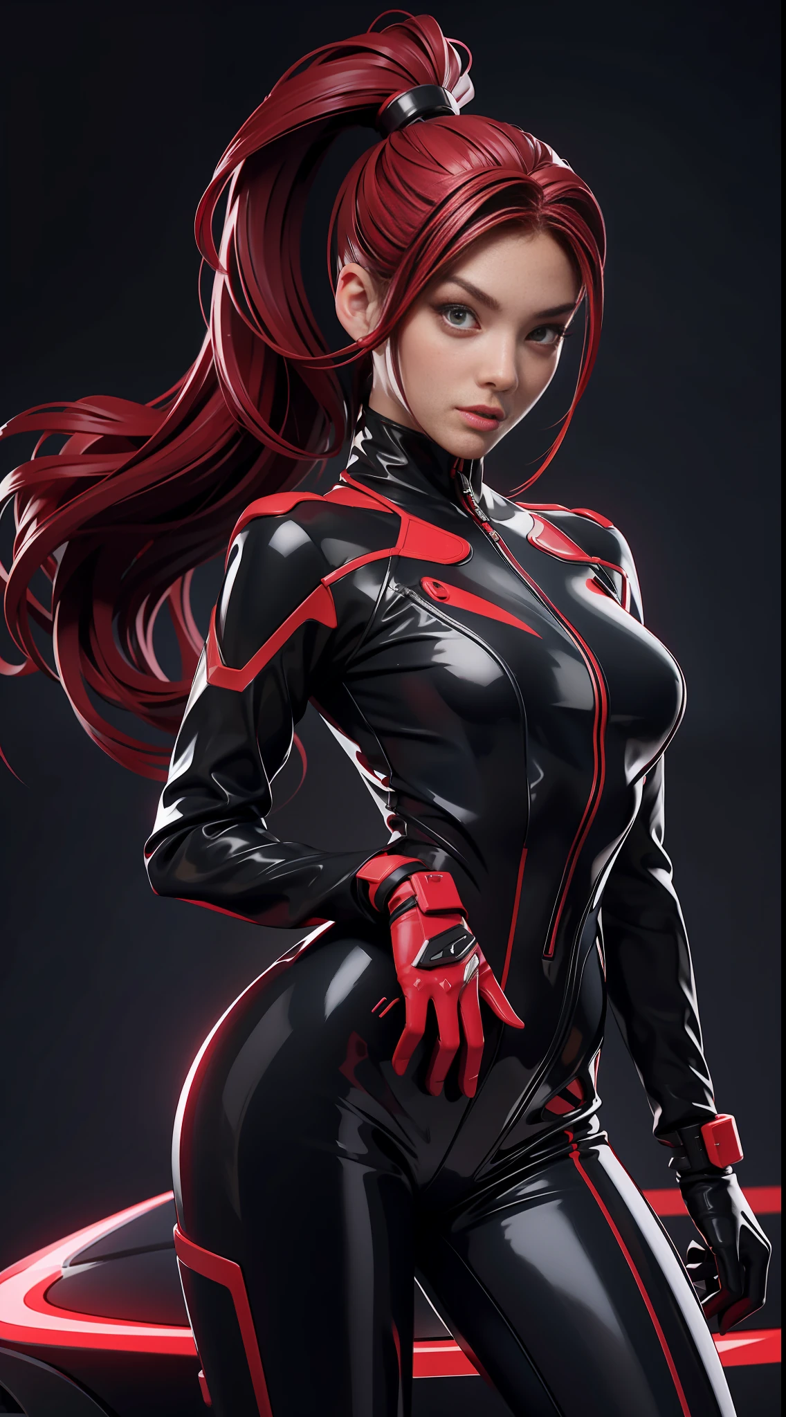 solo, super fine photo, portrait Unreal Engine 5 8K UHD of beautiful and cute girl, ponytail hair, dark red and black color scheme tight cybernetic latex catsuit with latex dress outwear, cybernetic glove, futuristic design, crimson neon lights details, beautiful make up, luxurious, best quality, masterpiece, official art, unified 8k wallpaper, super detailed, sharp focus, dynamic pose, body parts