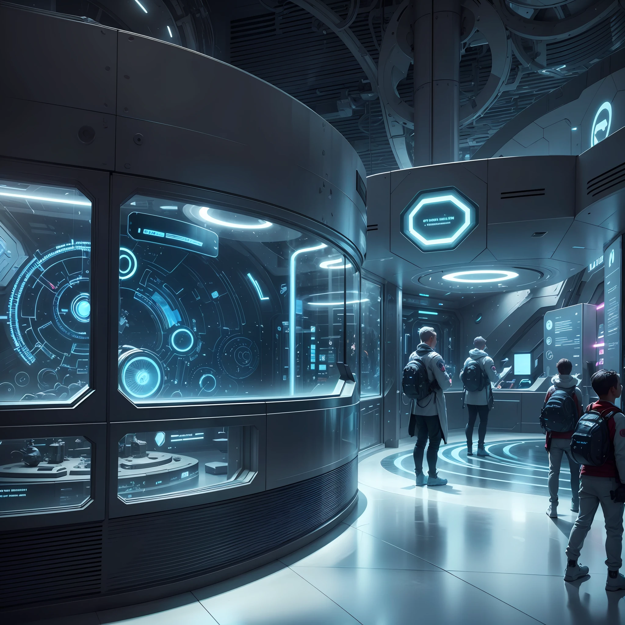 Futuristic science and technology museum, with headlight box lighting on top, rendered in Maya, soft, dreamlike quality, 4K, with lots of interactive exhibits, someone is watching --auto --s2
