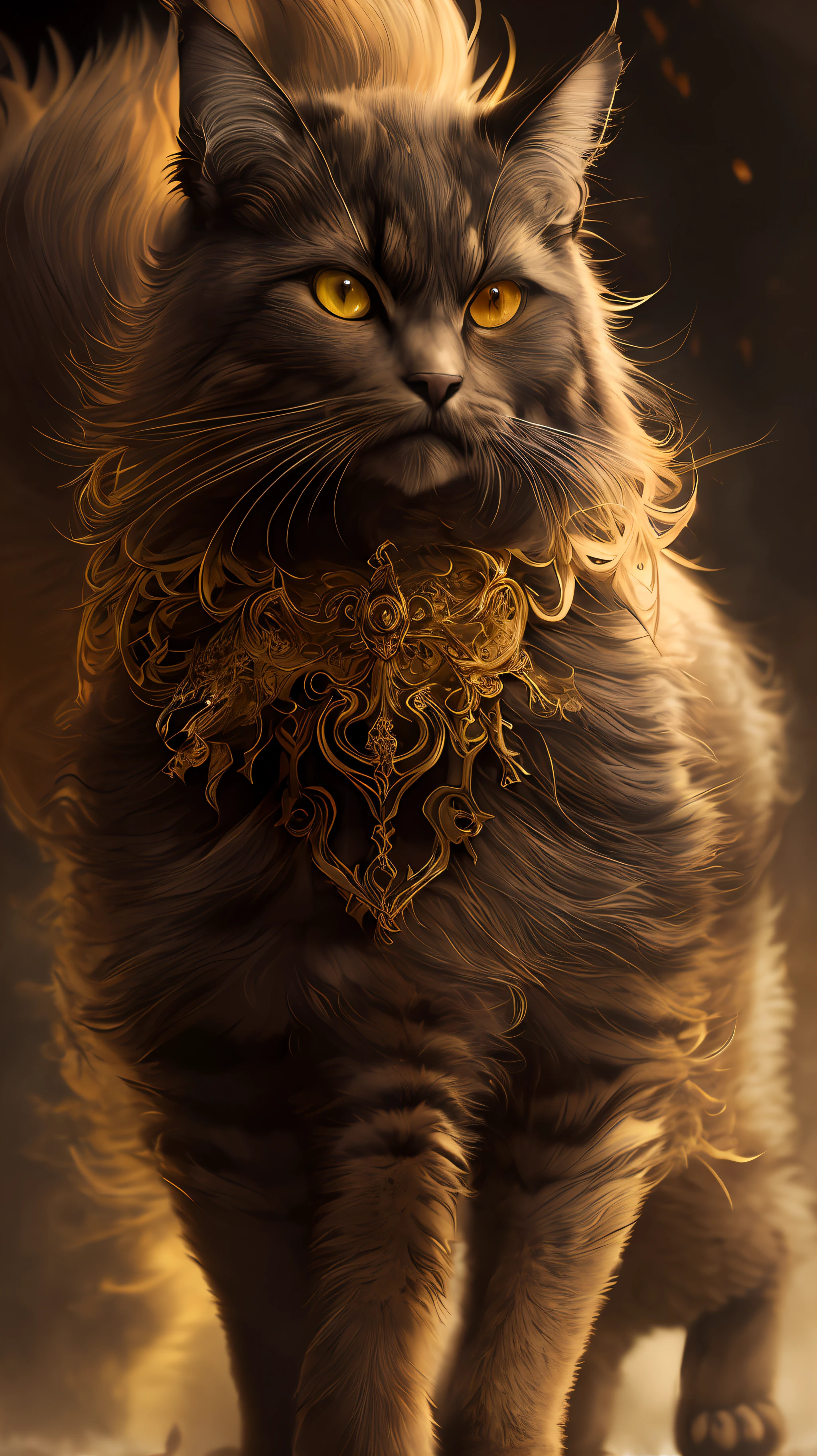 ultra wide angle, in focus, dark epic background, gorgeous lifelike, moody golden fur design, dynamic pose of a cat, the full and whole body, full length shot, hyper details, lighting art, cinematic, insane details, intricate details, hyperdetailed, goth, fractal, dark shot