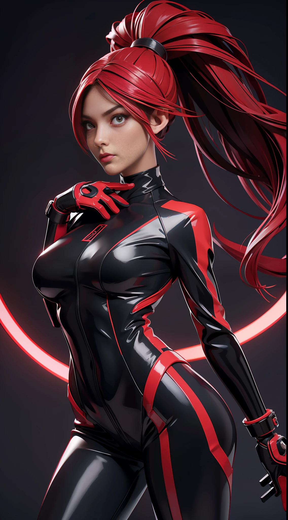 solo, super fine photo, portrait Unreal Engine 5 8K UHD of beautiful and cute girl, ponytail hair, dark red and black color scheme tight cybernetic latex catsuit with latex dress outwear, cybernetic glove, futuristic design, crimson neon lights details, beautiful make up, luxurious, best quality, masterpiece, official art, unified 8k wallpaper, super detailed, sharp focus, dynamic pose, body parts