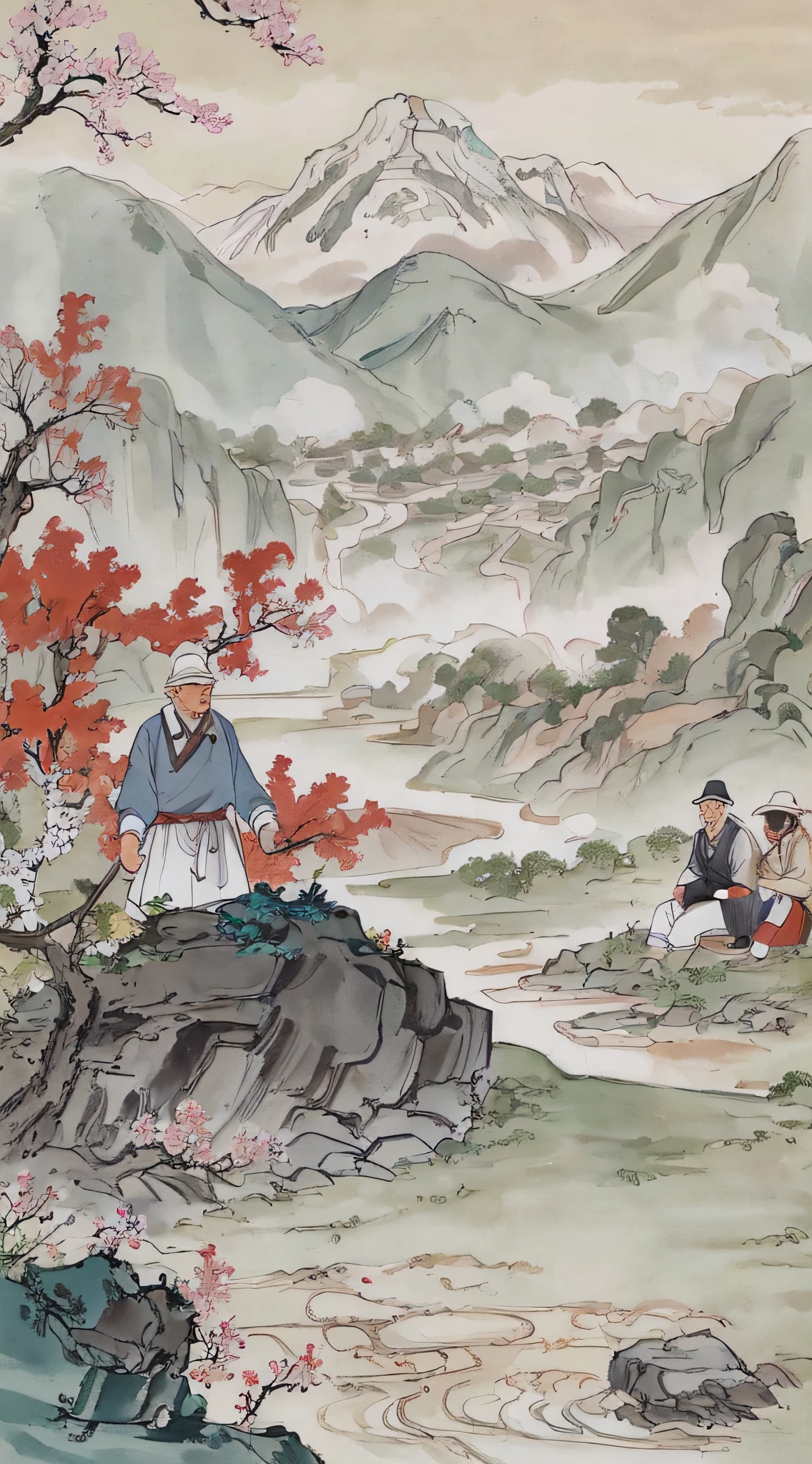 chinese painting, mountain, rock, flower, grass, river, tree, mountain in the distance, (4 people) (sitting old man), (walking farmer), (man carrying firewood), (man in white) vanishing point, 35mm, UHD, masterpiece, ccurate, high detail, award-winning, best quality, 4K