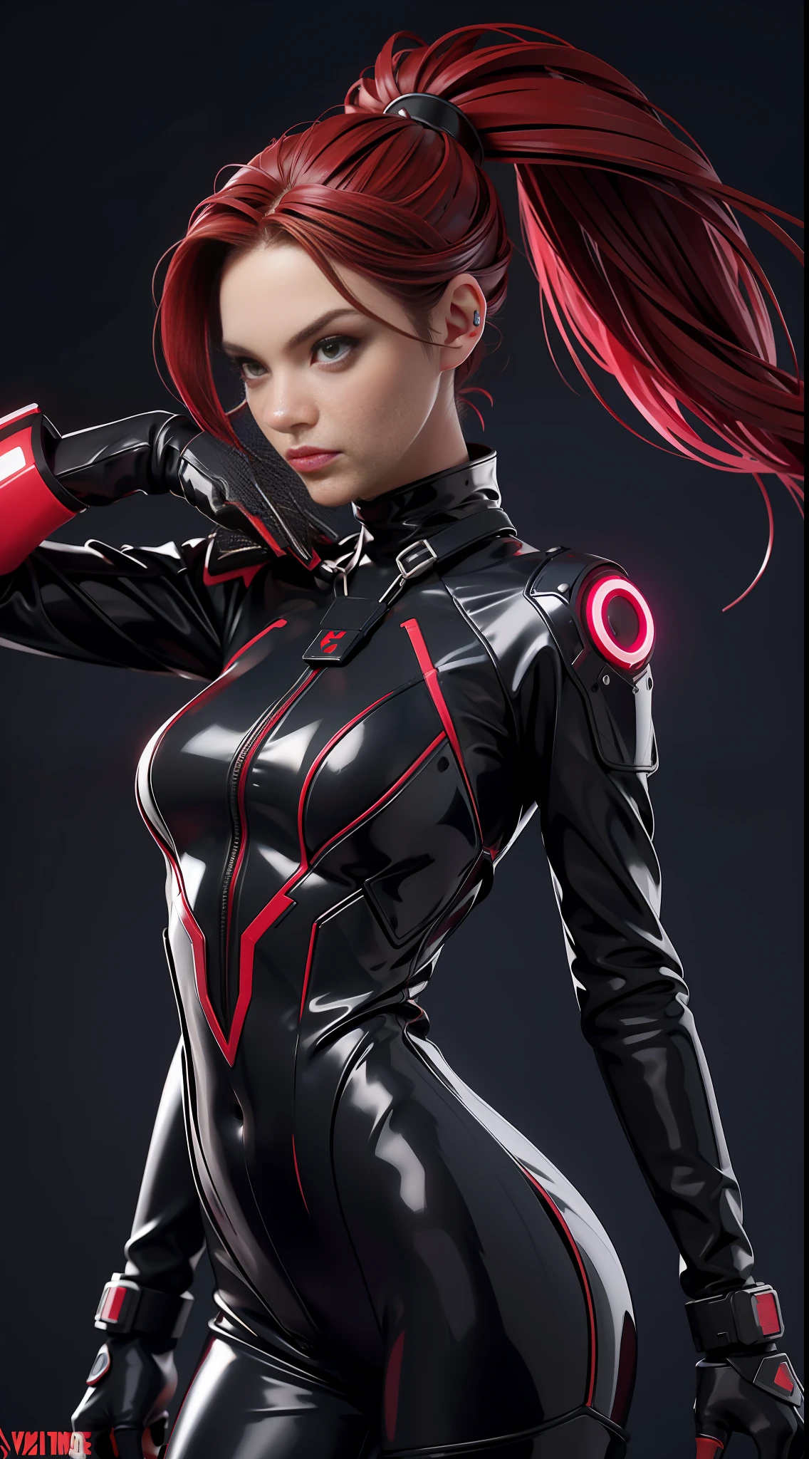solo, super fine photo, portrait Unreal Engine 5 8K UHD of beautiful and cute girl, ponytail hair, dark red and black color scheme tight cybernetic latex catsuit with latex dress outwear, cybernetic glove, futuristic design, crimson neon lights details, beautiful make up, luxurious, best quality, masterpiece, official art, unified 8k wallpaper, super detailed, sharp focus, dynamic pose, body parts