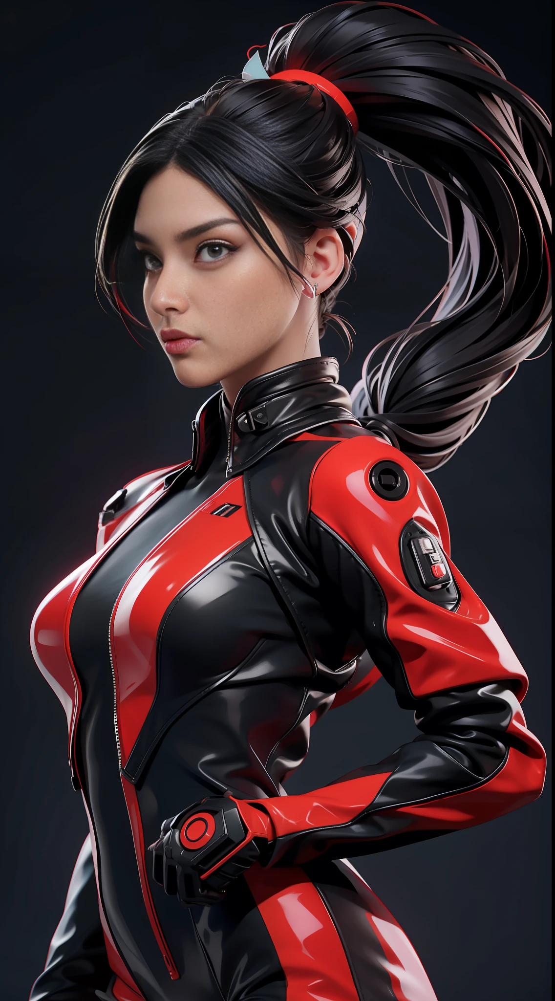 solo, super fine photo, portrait Unreal Engine 5 8K UHD of beautiful and cute girl, ponytail hair, dark red and black color scheme tight cybernetic latex catsuit, black long leather jacket outwear, cybernetic glove, futuristic design, crimson neon lights details, beautiful make up, luxurious, best quality, masterpiece, official art, unified 8k wallpaper, super detailed, sharp focus, dynamic pose, body parts