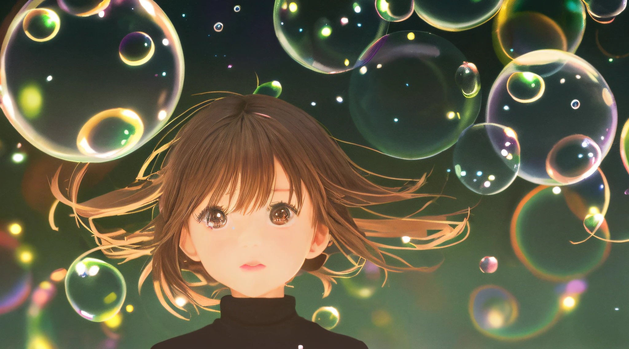 Makoto Shinkai anime style, very cute 2 girl, solo, very short brown hair, black turtleneck, surrounded by round iridescent soap bubbles, very dark fantastic background, fantastic lighting, dramatic backlighting.