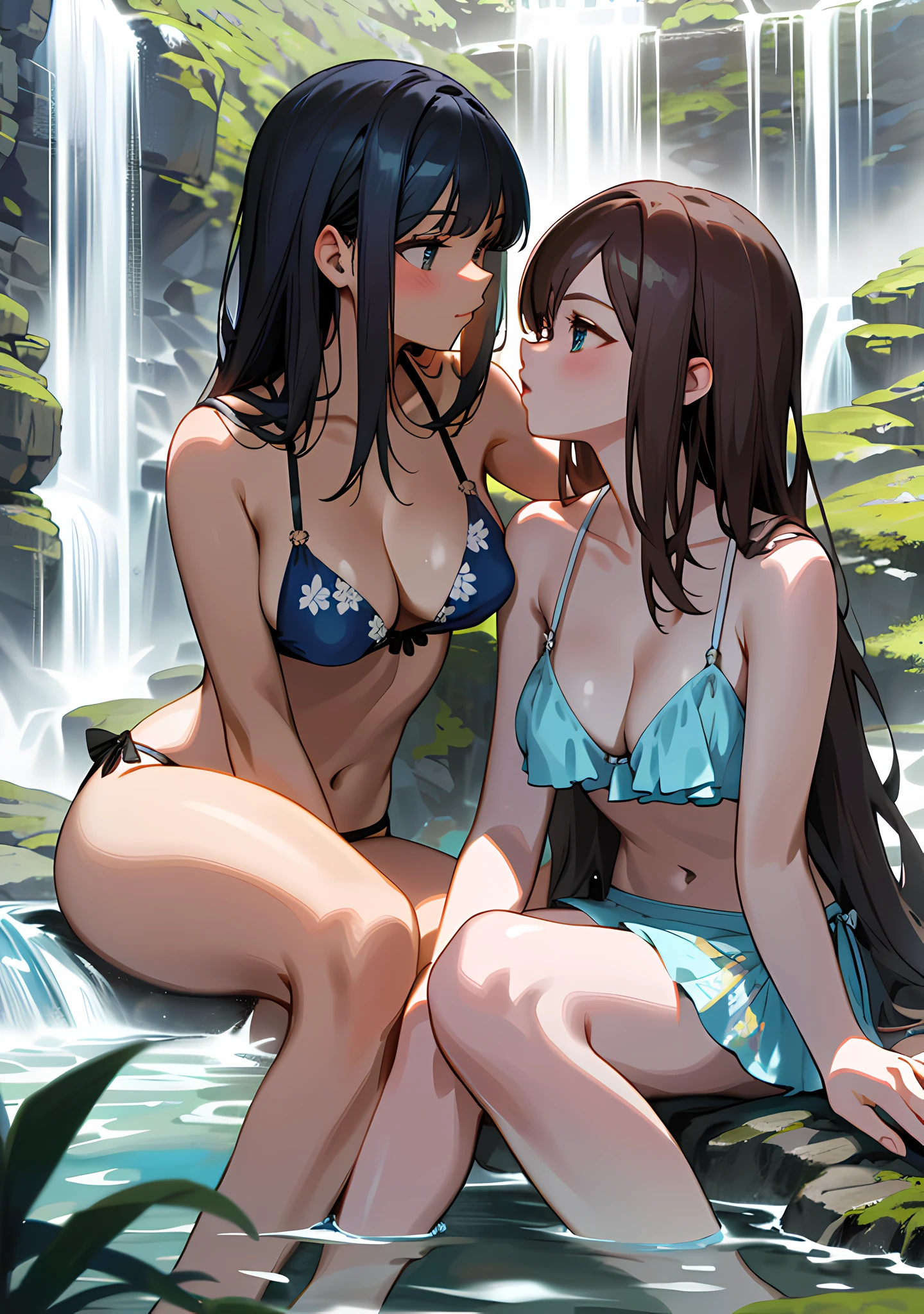 "Gorgeous and high-quality, highly detailed masterpiece that features two charming girls in bikini sitting near a waterfall. Creating a intimate atmosphere." medium breasts, (beautiful nipple slip), cleavage, kissing