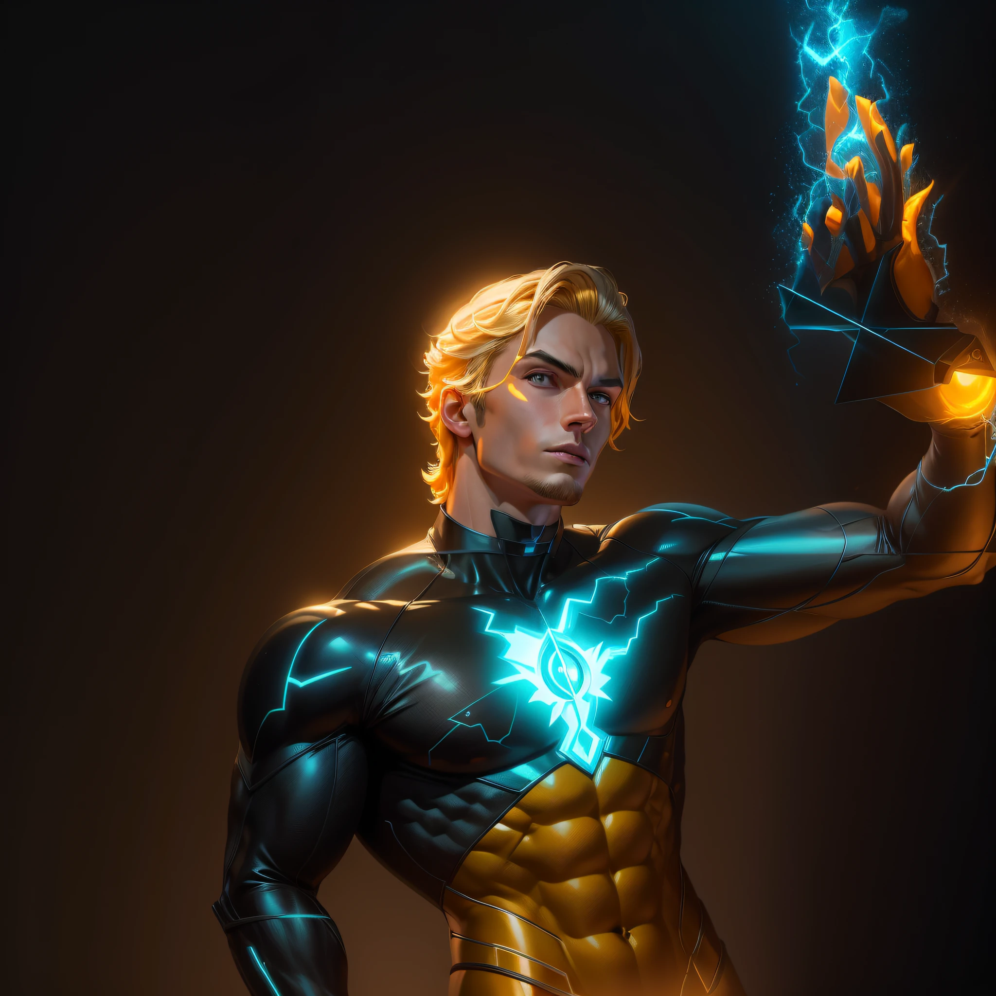 Arafed young man with long blonde hair 21 years old without a beard in a graphite or black wetsuit with bright orange veins like yellow led, Boys Homelander, no beard, smooth skin, Quicksilver, 3D render of Jerma 9 8 5, homelander, full portrait of Electromancer, orange yellowish human torch, light background, Reed Richards, Aquaman, amazing wallpaper, powerful male man, he man, on the wall there is the name SPINNER written with neon --auto --s2