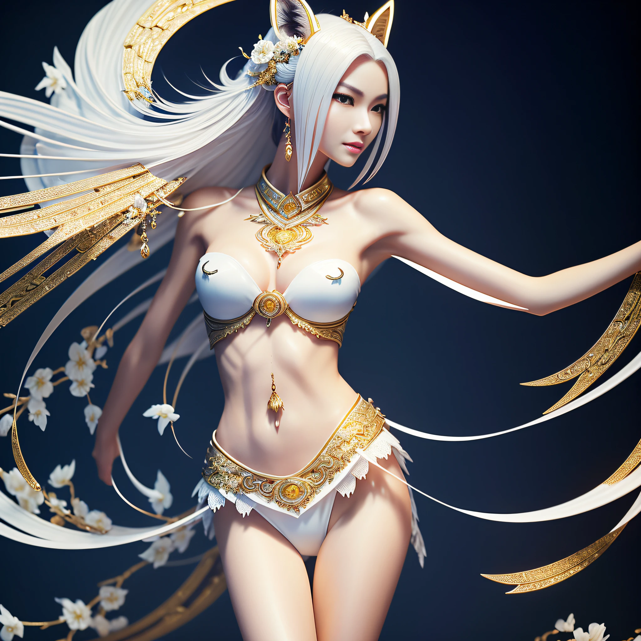 Korean, masterpiece, best quality, high quality, extremely detailed CG unity 8k wallpaper, (realistic, Photo real: 1.3), (RAW photo: 1.2), Woman body set medium breasts, exposed breasts, full and natural breasts, crisp breasts, tender white complexion, straight buttocks, (transparent tong), surreal, 8K, original photo, film grain, super high resolution, super detail, tall, very clear face, slender long legs, a pair of snow-white slender beautiful legs, like ivory carved jade legs, perfect proportion and length, stunning face, melon seed face, qiong nose cherry lips, eyebrows picturesque, amorous, charming, slender and slender waist, close-up of a woman in gold and white clothing, super detailed rendering, 3 D rendering character art 8 K, complex white and gold armor, full samurai armor fox, high detail iconic character, 8K rendering, octane rendering, octane rendering, super detail octane rendering, super detailed octane rendering, super detailed 3 d rendering, futuristic style fox demon --auto --s2