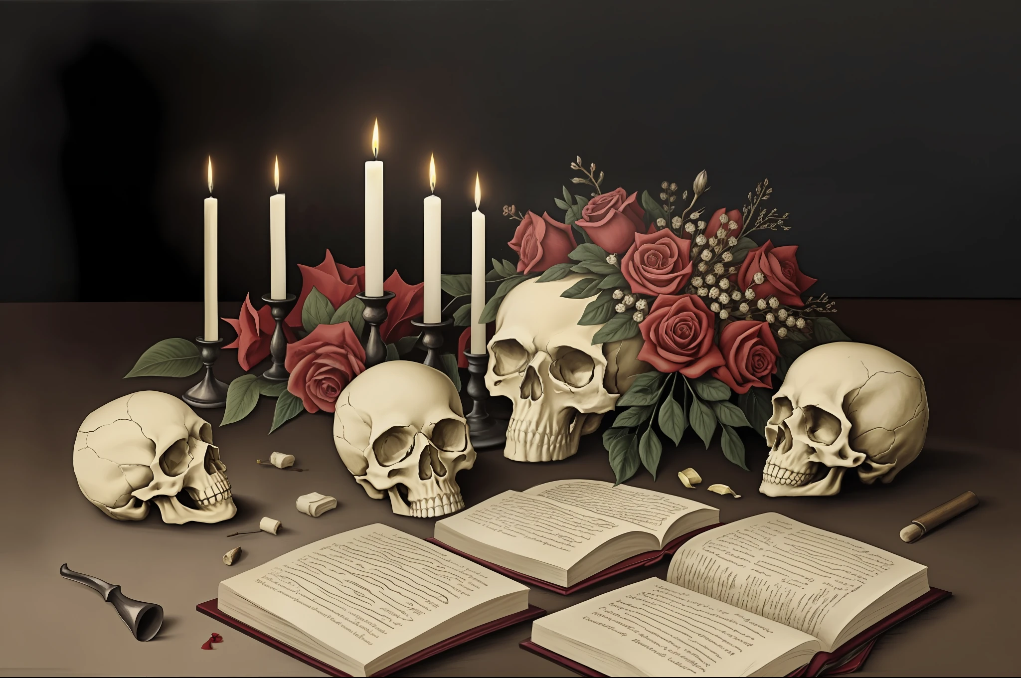 Skull, candle, book, withered flower, little blood on the table, 
oil painting, oil on canvas, still life, masterpiece, Albrecht Drer, Jan Brueghel, beige background, without humans