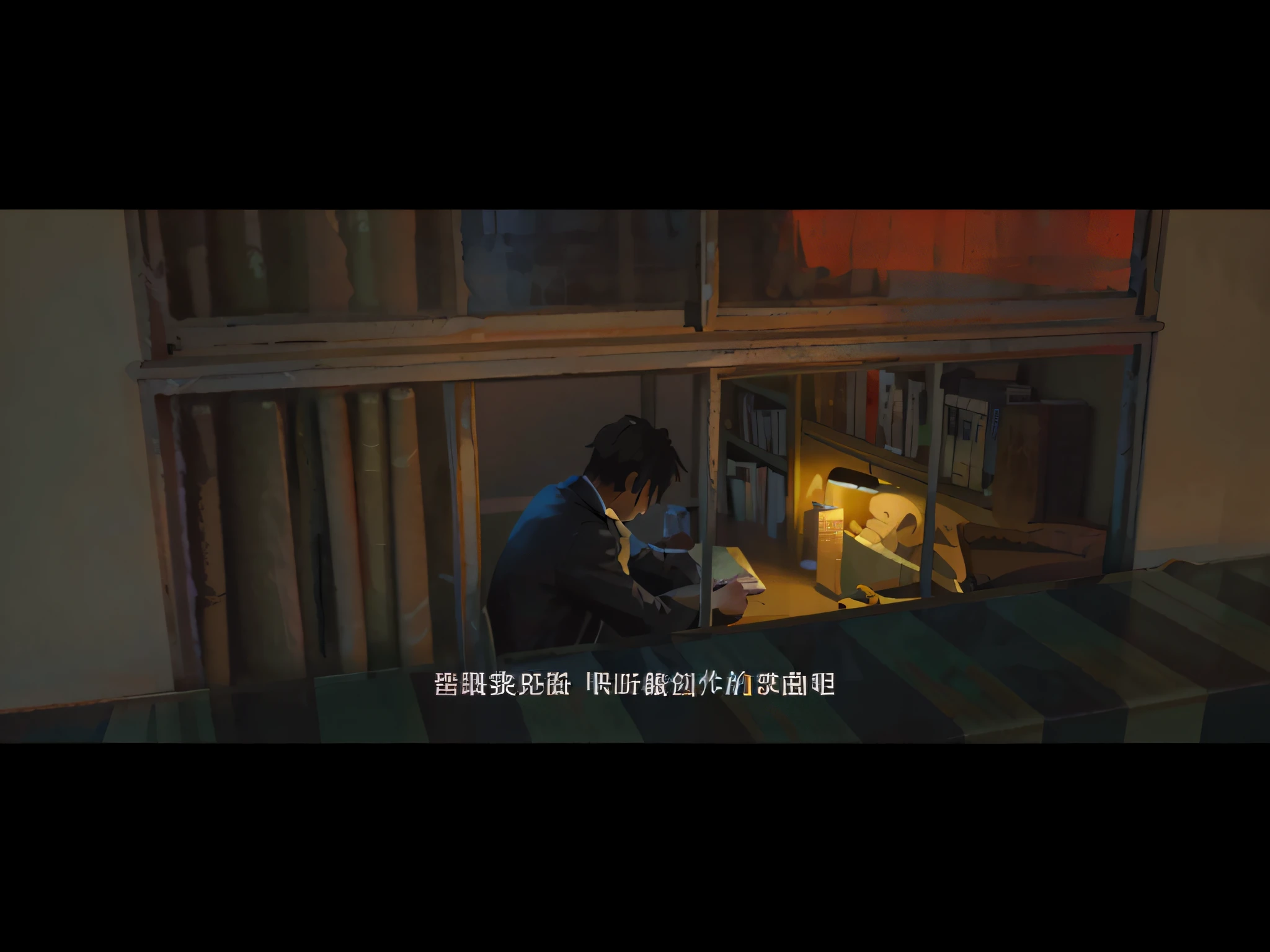 HD illustration, extreme detail, solid color desk, a man sitting next to a bay chair writing a letter, postcard-like composition --auto --s2