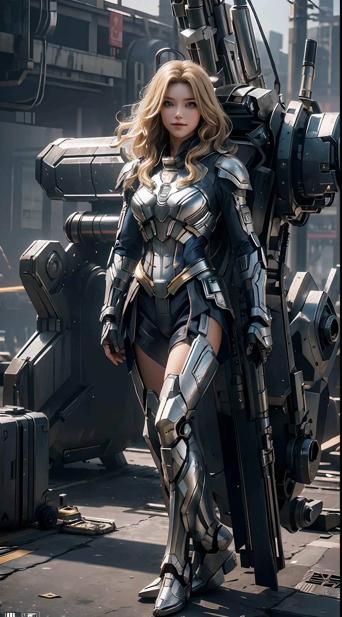 Supergirl masterpiece, (best quality), highly detailed, ultra-detailed, 1Supergirl, (mechanicalwings: golden, glowingeyes: blue, silverarmor: 1.2, elongated ears: 0.8), (cyberpunkcity: 1.5, weapon: energyblade), (fantasylandscape: 1.2, natural lighting: 1.5, confidentexpression), (panorama: 1.2), mecha, blonde, smile, blue eyes, angle, angels, wings, with Superman's S on his chest.