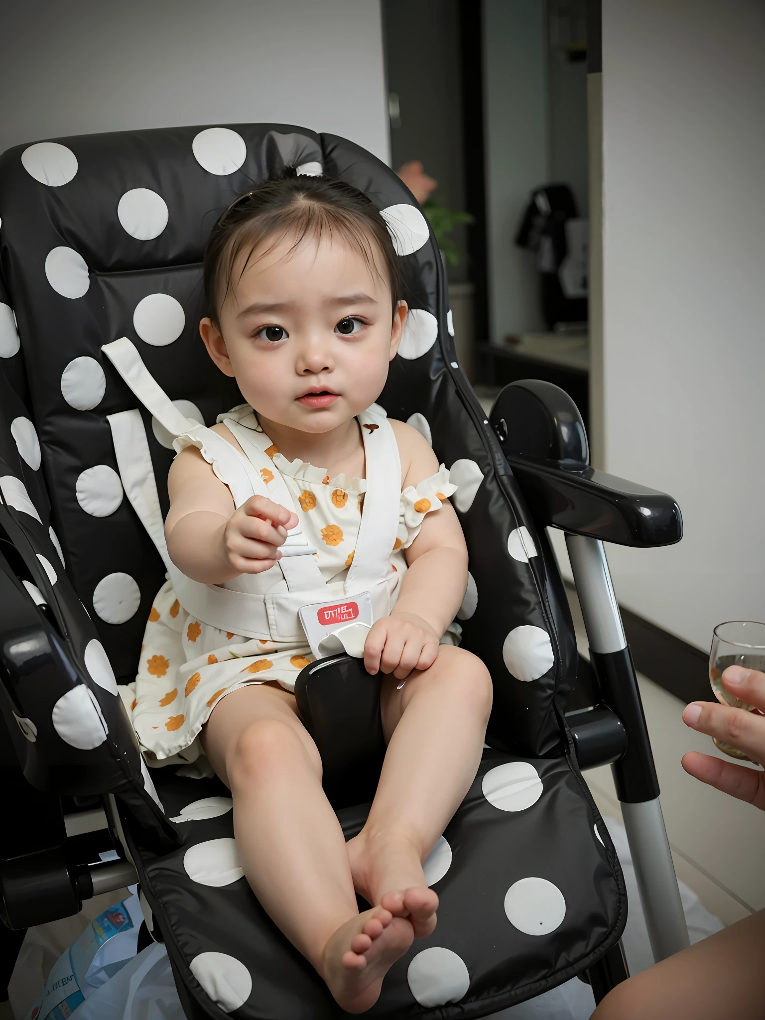 there is a baby sitting in a high chair with a polka dot dress, sitting in his highchair, photo taken with nikon d750, photo taken with nikon d 7 5 0, photo taken with sony a7r, closeup portrait shot, portrait shot, shot on nikon d 3 2 0 0, babies in her lap, taken with canon eos 5 d