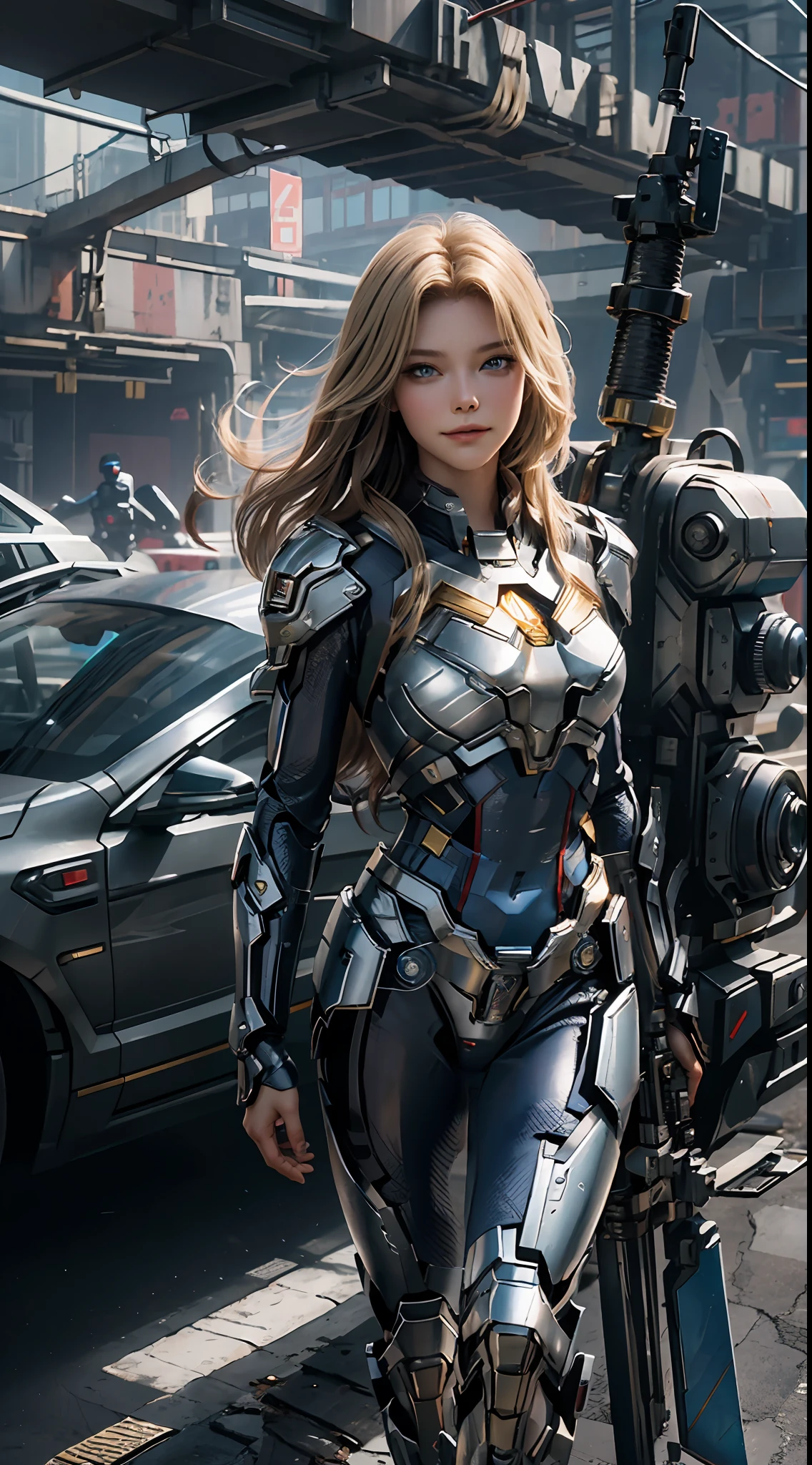 Supergirl masterpiece, (best quality), highly detailed, ultra-detailed, 1Supergirl, (mechanicalwings: golden, glowingeyes: blue, silverarmor: 1.2, elongated ears: 0.8), (cyberpunkcity: 1.5, weapon: energyblade), (fantasylandscape: 1.2, natural lighting: 1.5, confidentexpression), (panorama: 1.2), mecha, blonde, smile, blue eyes, angle, angels, wings, with Superman's S on his chest.