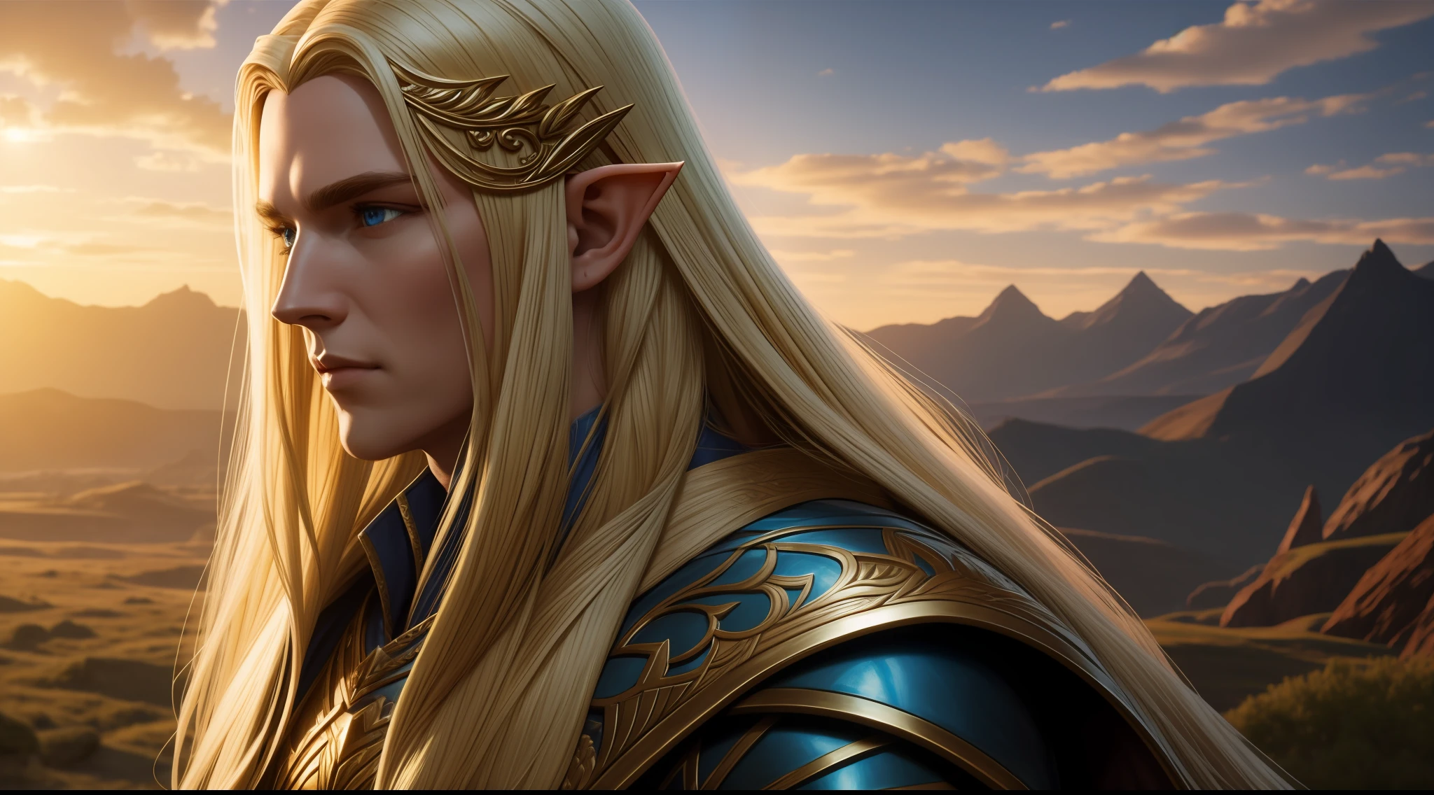 Elf Glorfindel realistic, beautiful elf, long hair with sunshine, blonde hair, lord of the rings, the SILMARILLION (backlighting: 1.2), (flowering: 1.2), (bright light: 1.1), (chromatic aberration: 1.2), sharp focus, high contrast, (cinematic lighting: 1.2), movie trailer image, fantasy movie, (screen lighting: 1.1) Realism, Ultra-Wide Angle, 135mm, atmospheric perspective, 8k,  Super Detail, Award Winning, Textured Skin, Super Detail, 16K, Anatomically Correct