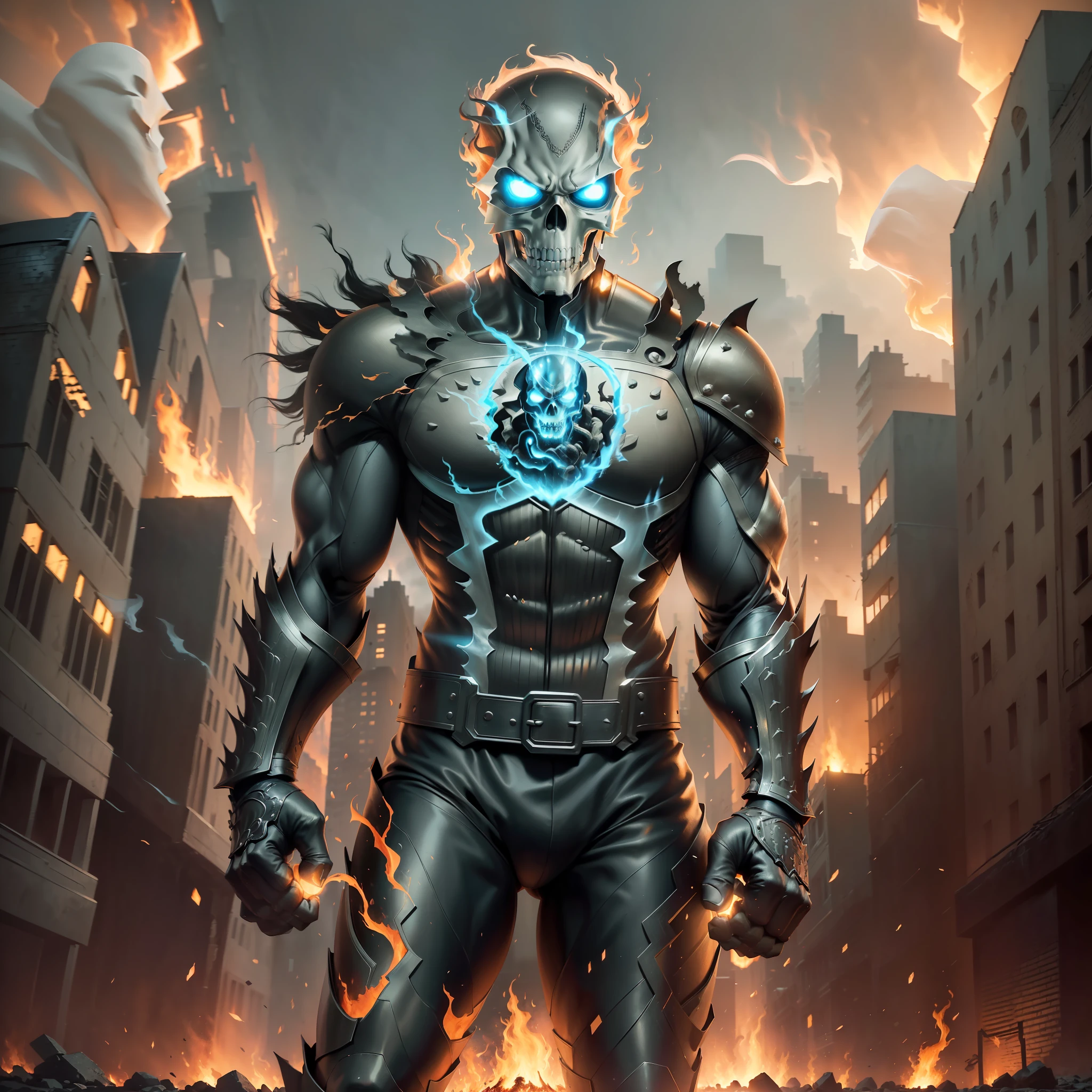 (Masterpiece, Superb Quality, Super Delicate, High Resolution), Male Focus, (((Ghost Rider)))), (((Muscle))), (Ghost Knight Armor))), ((Fists in both hands, body on fire))), Fire in the eyes, posing for photos, Dark night, city ruins, background details, ((((Full body))), (((Ghost Knight Greatness))